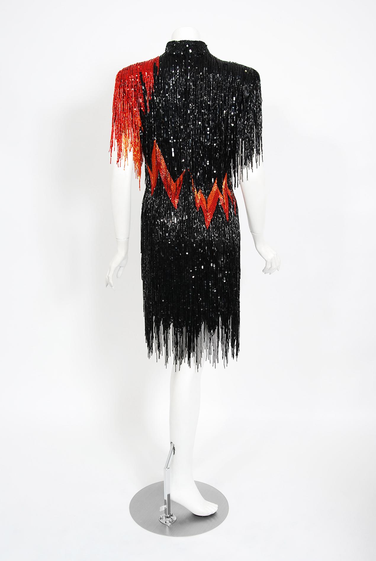 Women's Vintage 1982 Bob Mackie Couture Lightning Bolt Black & Red Beaded Fringe Dress 