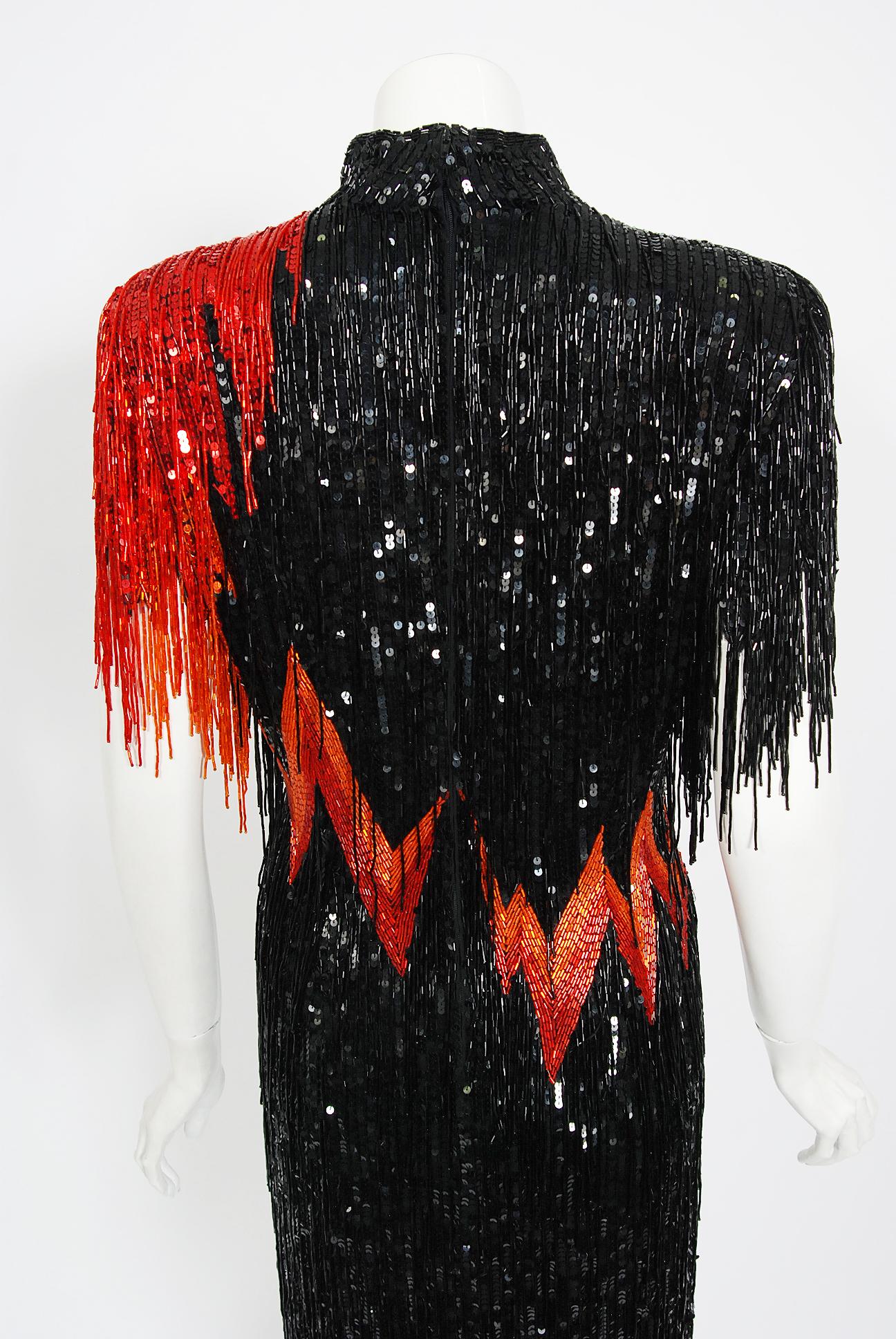 Vintage 1982 Bob Mackie Couture Lightning Bolt Black & Red Beaded Fringe Dress  1