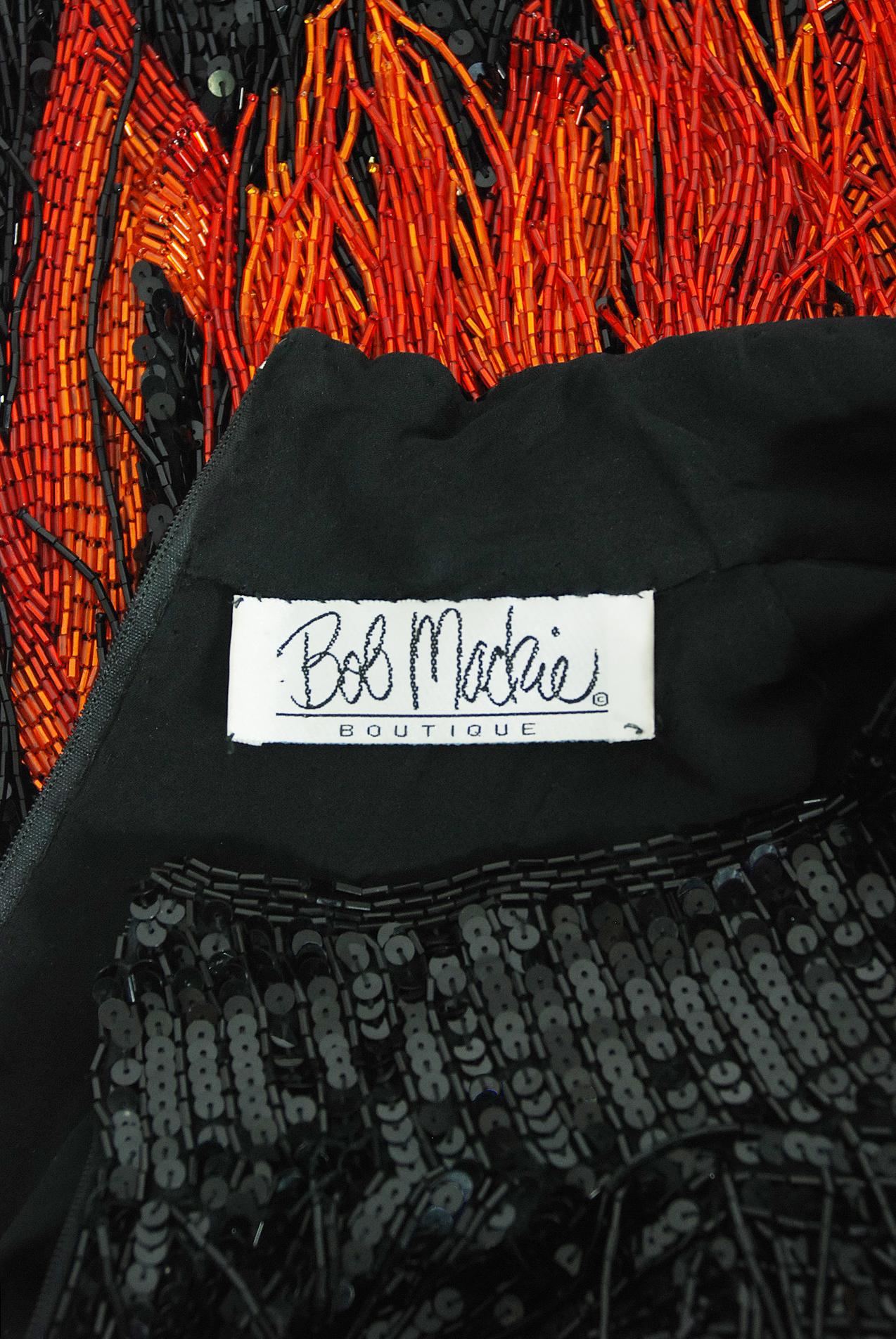 Vintage 1982 Bob Mackie Couture Lightning Bolt Black & Red Beaded Fringe Dress  2
