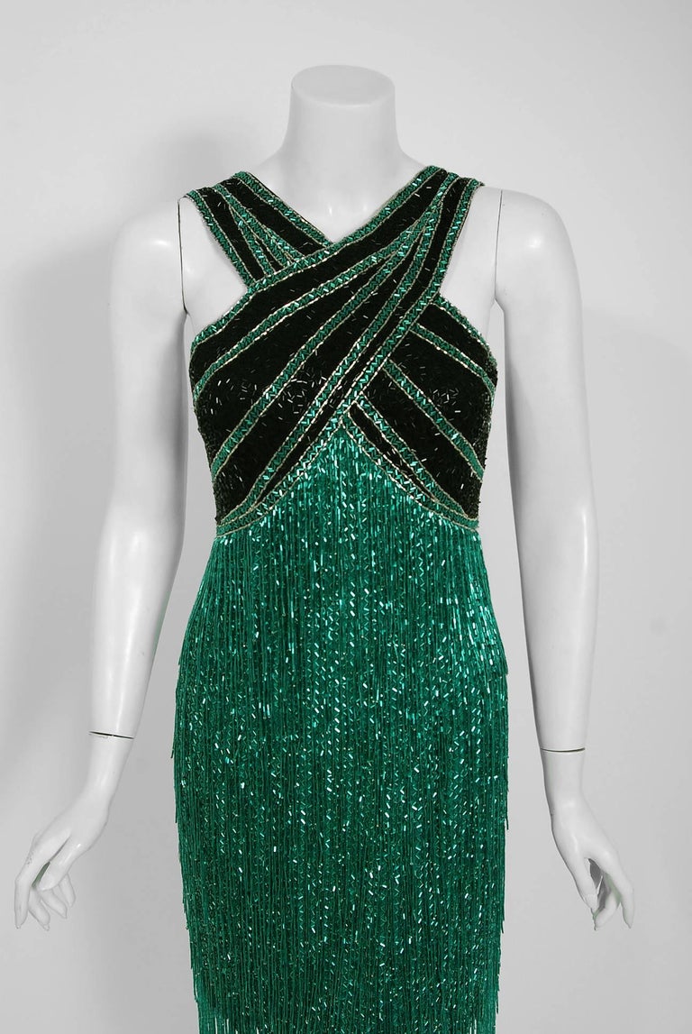 A seductive fully-beaded Bob Mackie designer cocktail disco dress! Mackie began his career as a Hollywood costuming sketch artist, working for both Edith Head and Jean Louis. While working with designer Ray Aghayan, Mackie soon began creating