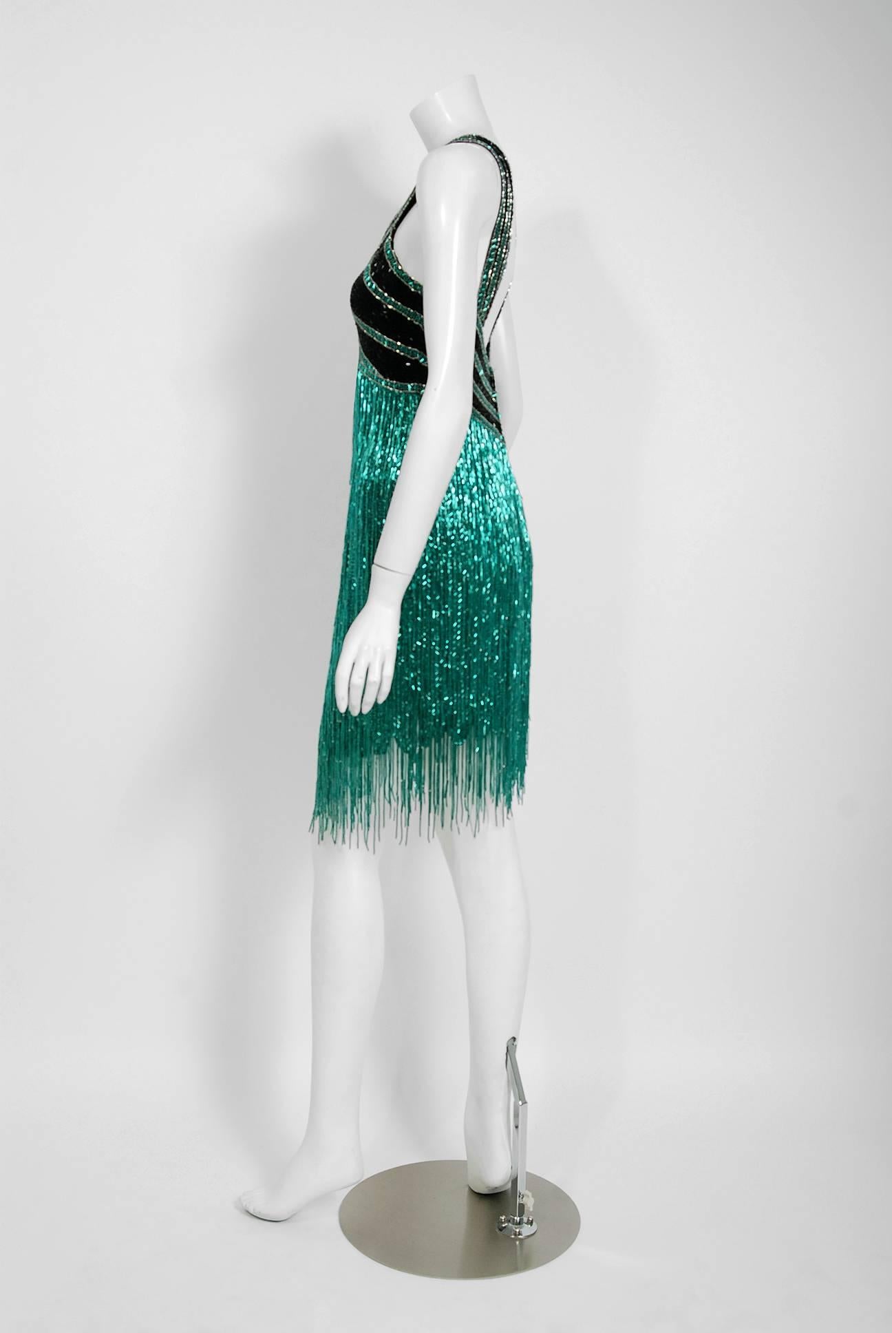 1991 Bob Mackie Couture Documented Teal Black Beaded Flapper Fringe Mini Dress In Good Condition For Sale In Beverly Hills, CA