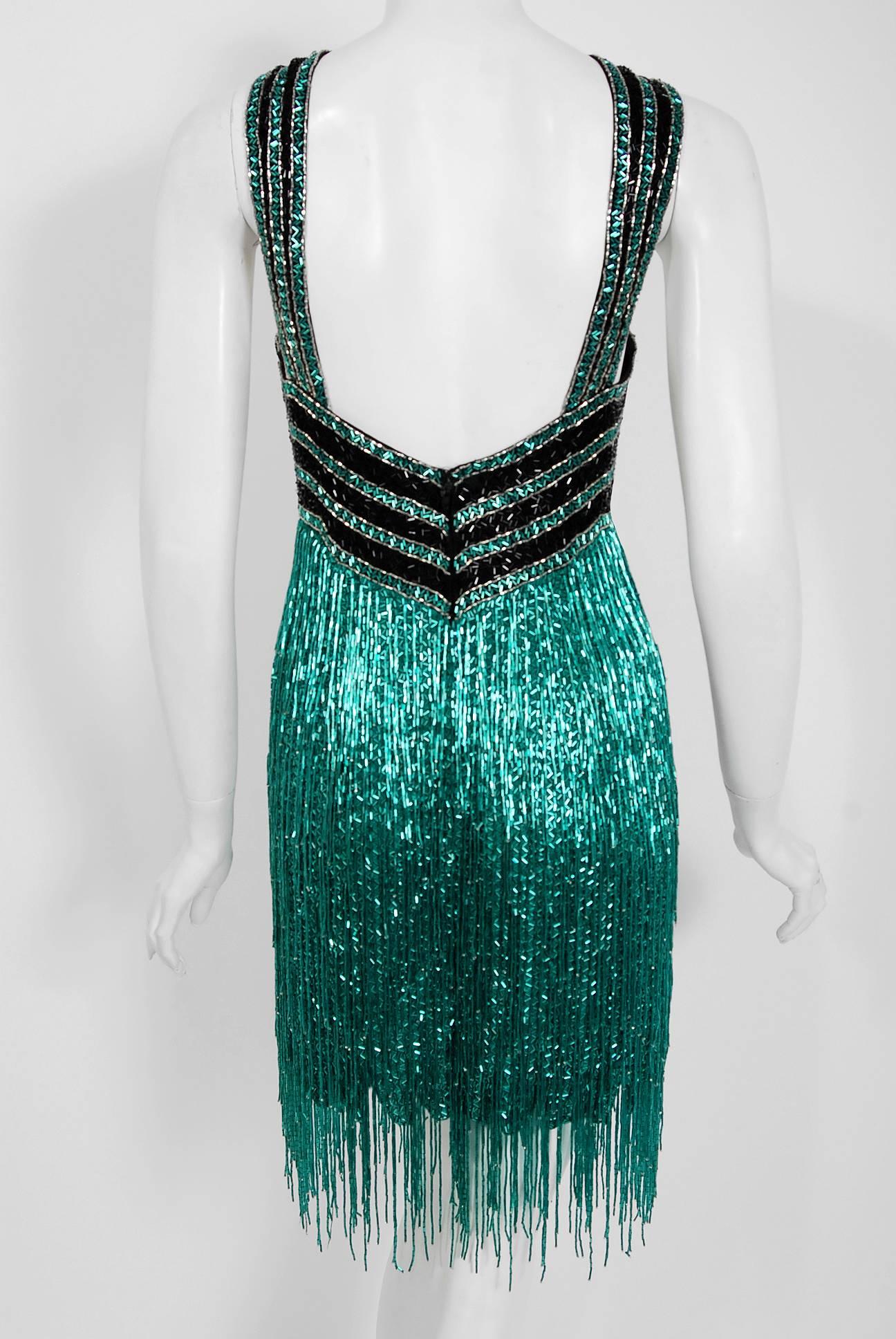 Women's 1991 Bob Mackie Couture Documented Teal Black Beaded Flapper Fringe Mini Dress For Sale