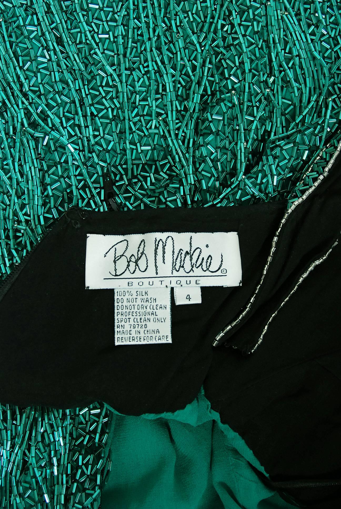 1991 Bob Mackie Couture Documented Teal Black Beaded Flapper Fringe Mini Dress For Sale 1