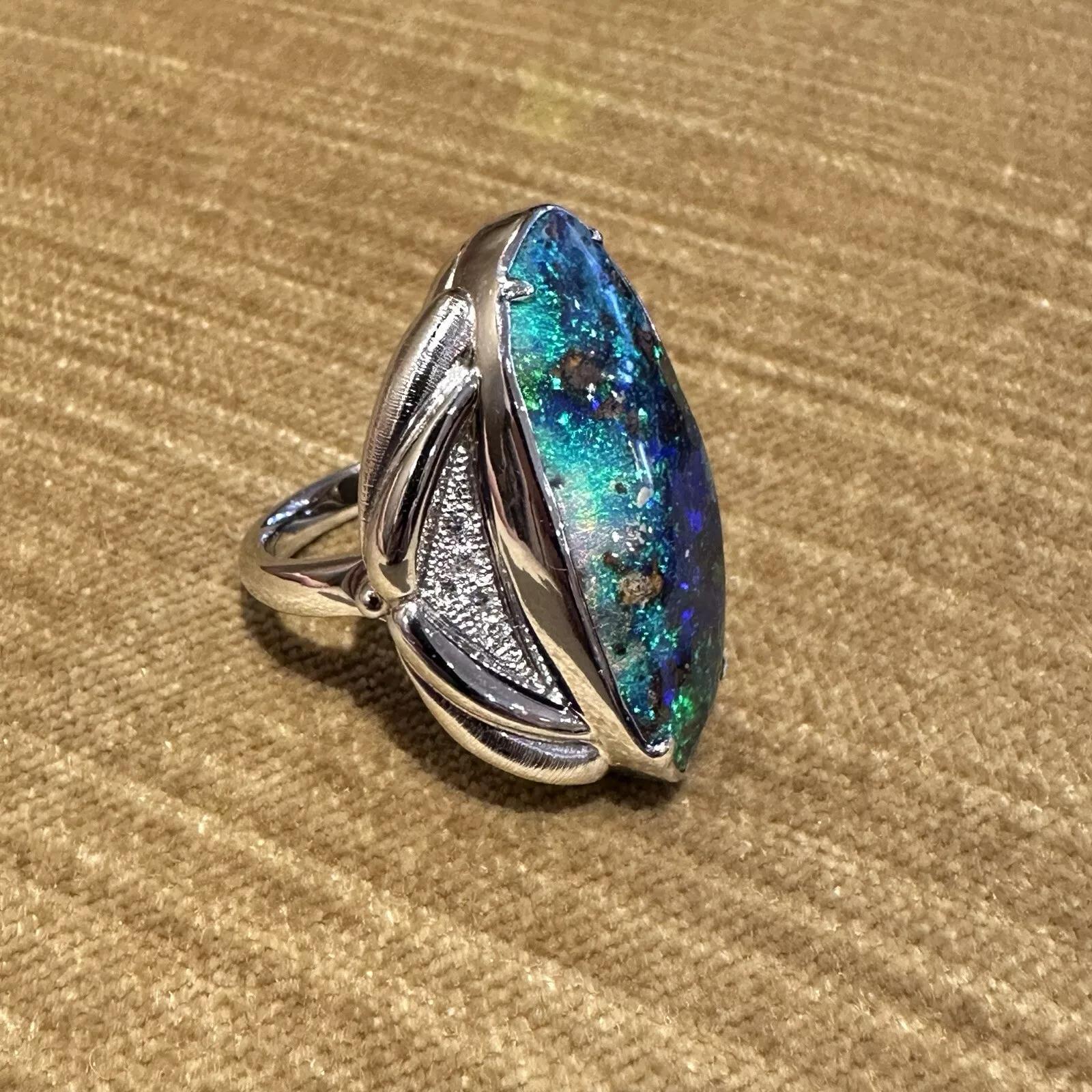 Tumbled 19.82 carat Boulder Opal and Diamond Ring in Platinum For Sale