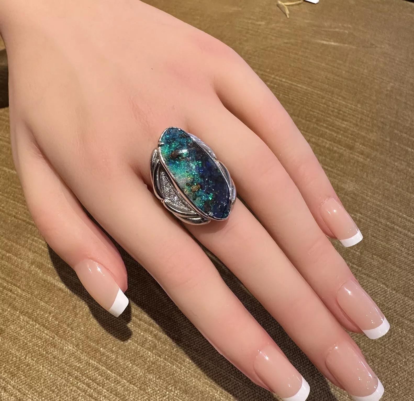 Women's 19.82 carat Boulder Opal and Diamond Ring in Platinum For Sale