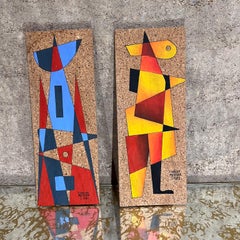 1982 Carlos Mérida Cubist Art Panels Ink on Cork Mixed Media