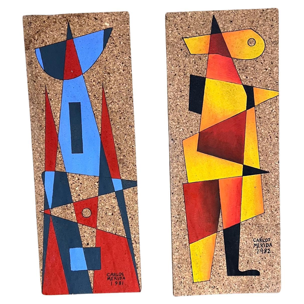 1982 Carlos Mérida Panneaux d'art cubiste Encre sur liège Techniques mixtes en vente