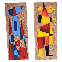 1982 Carlos Mérida Cubist Art Panels Ink on Cork Mixed Media