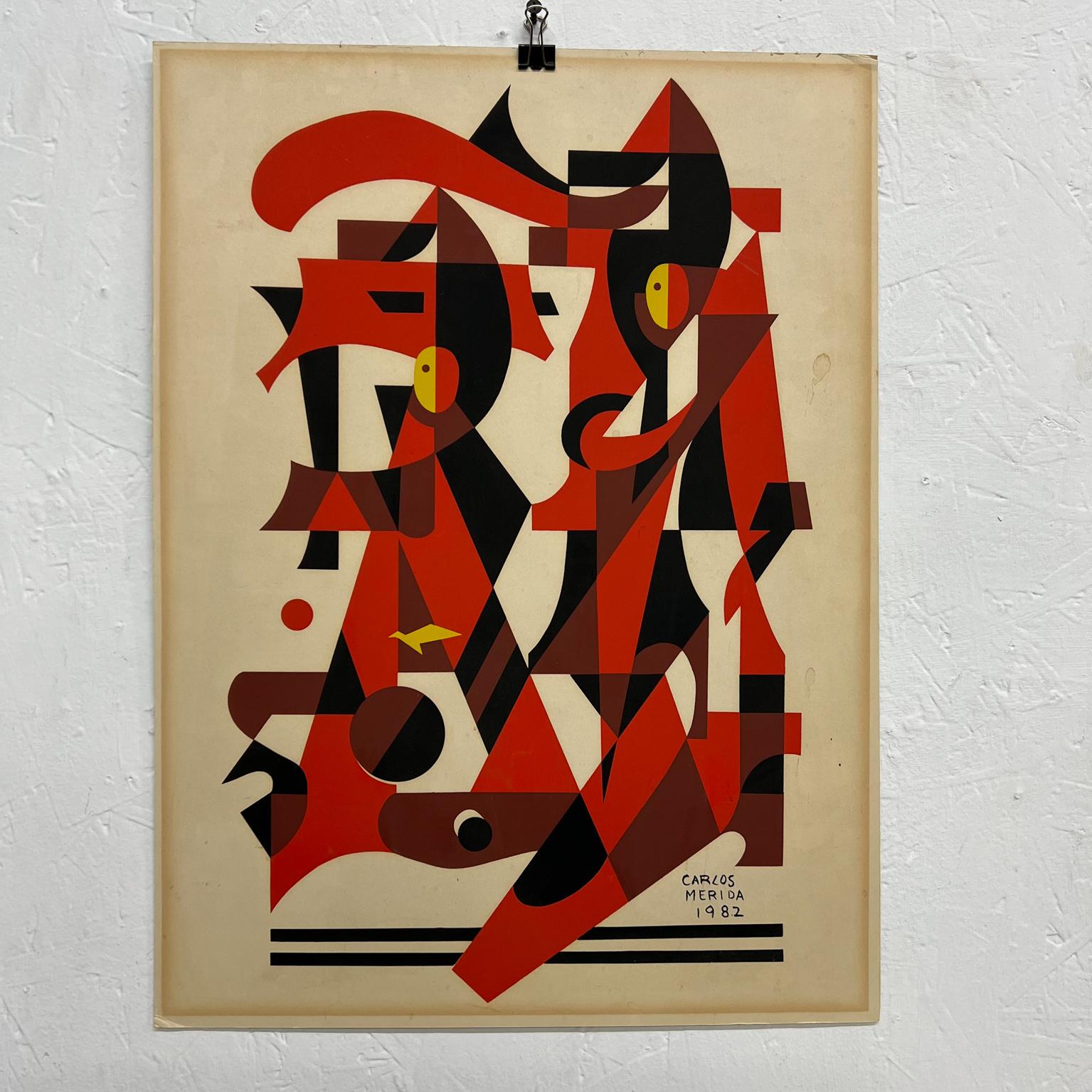 1982 Carlos Mérida Obra de Arte Modernista Cubista Dibujo Precolombino Moderno