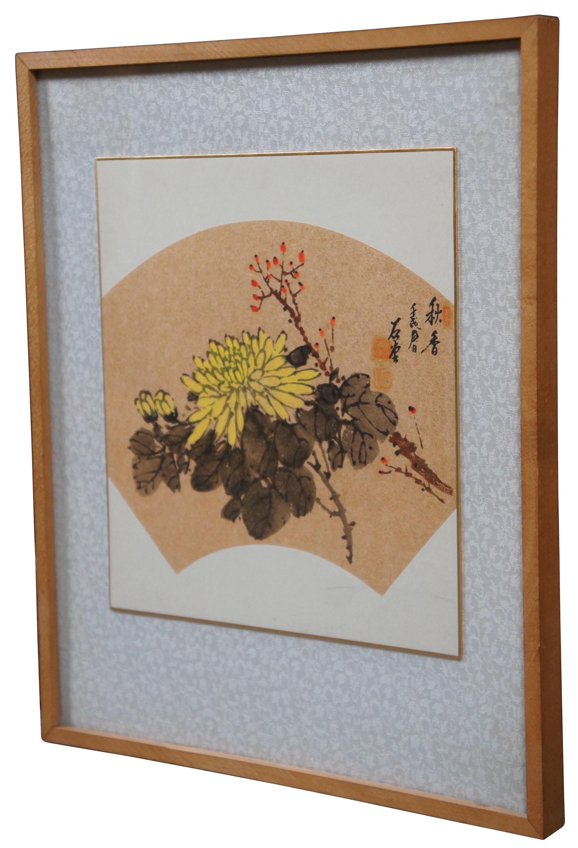 1982 Shi Tang and Mr. Ren Chinese watercolor fan painting aptly titled Fragrance of Autumn. It features chrysanthemums and willow flowers. Signed on the front with calligraphy on the back. Circa May 1982.

1 ???? bái wang xian sheng Mr. Bai Wang