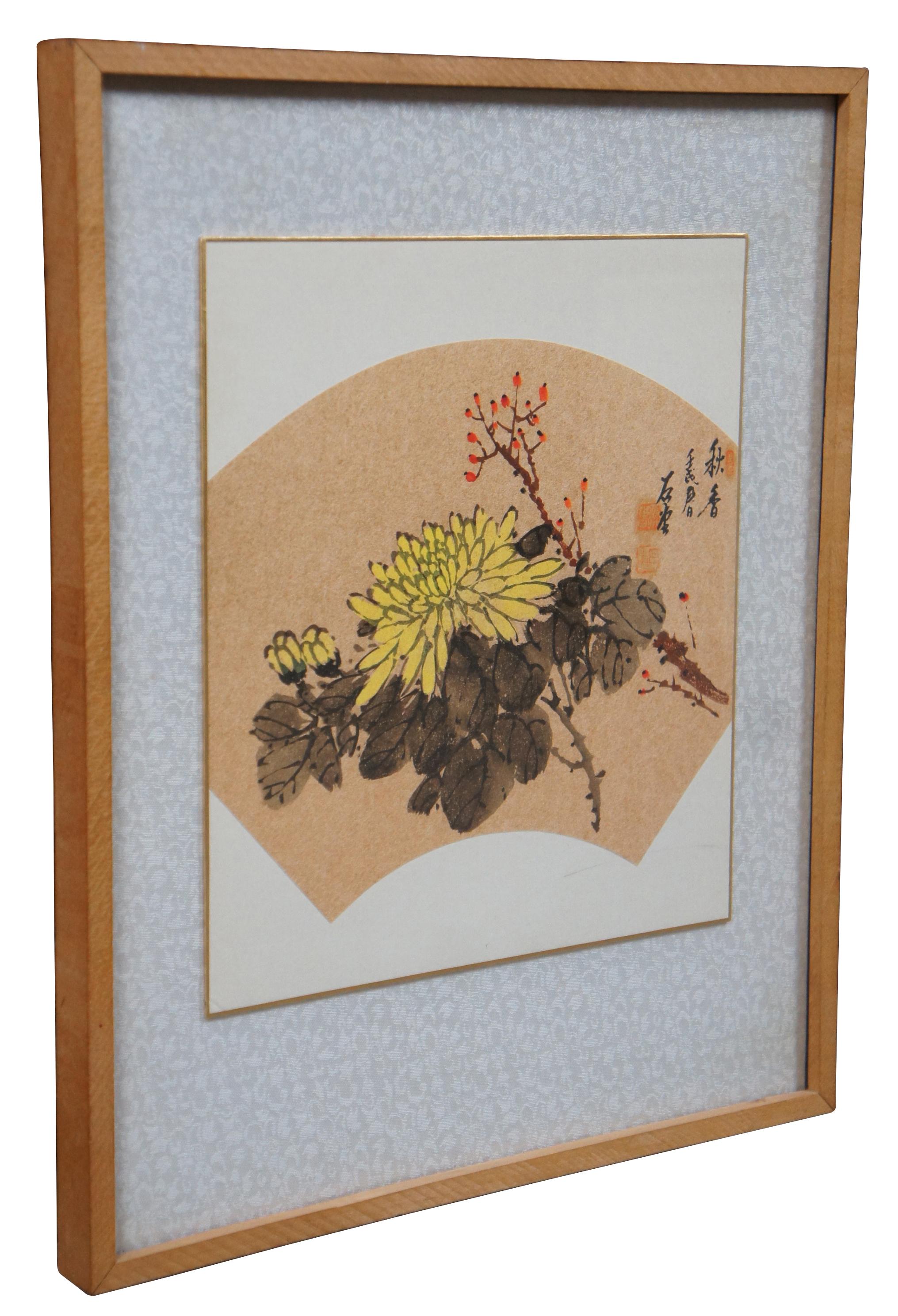 Chinoiserie 1982 Chinese Fragrance of Autumn Chrysanthemum Willow Flower Watercolor Fan