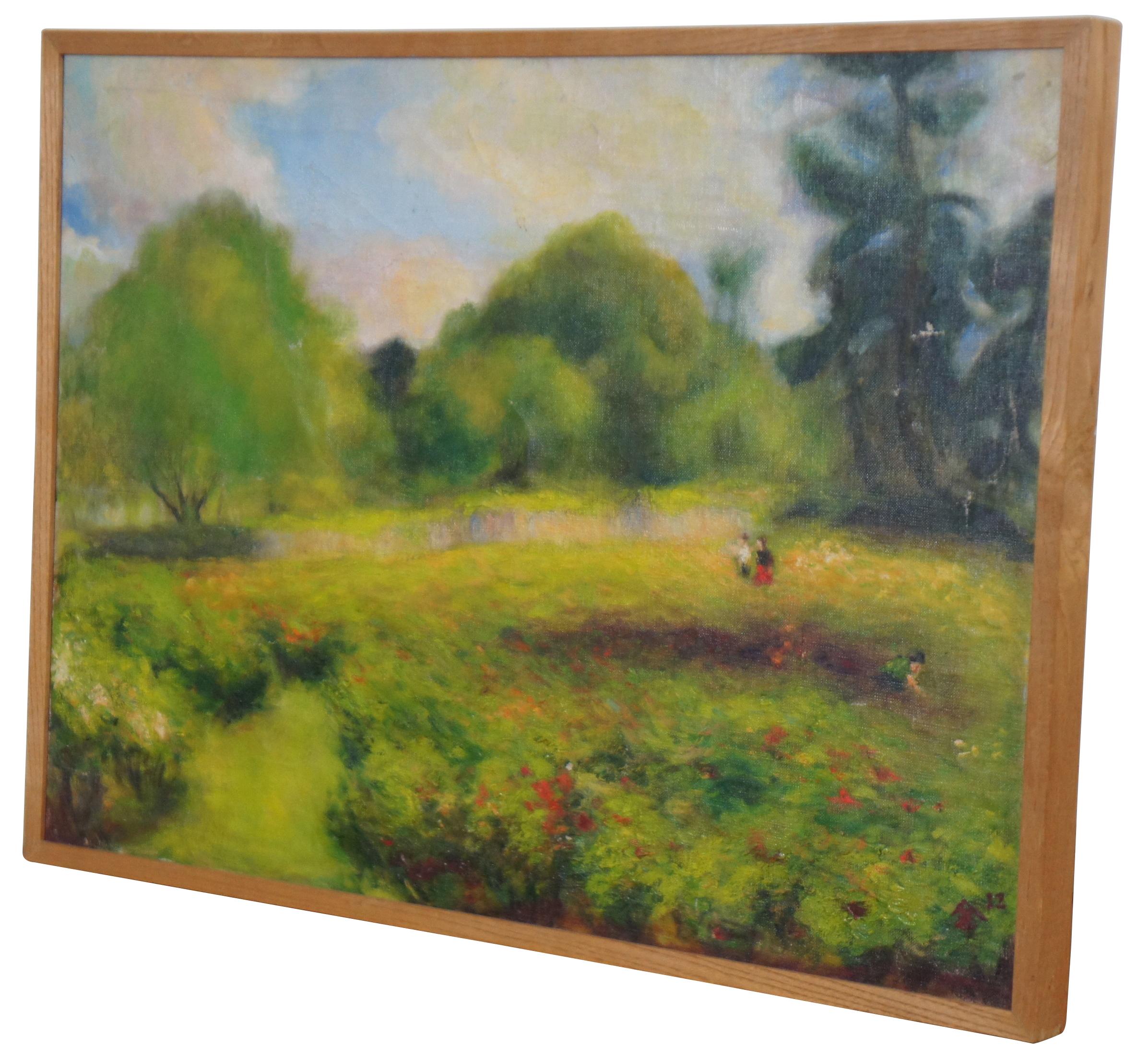 Rare and vintage 1982 Korean Chun Hwa Hwang impressionist oil painting on canvas featuring a lucious green landscape of trees and flowers with a pond and three figures.

Korean artist Chun Hwa-Hwang was is born in 1909 and lived in Kyoto, Japan.