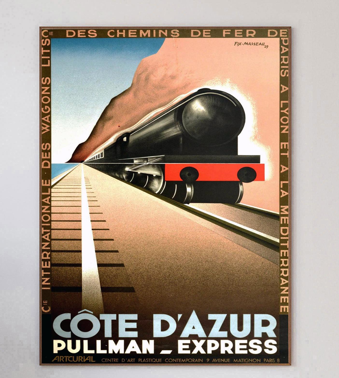 This gorgeous & rare stone lithograph poster was designed by the great French poster artist Fix Masseau and released in 1982.

Promoting the Cote d'Azur Pullman Express train line which ran from 1929 to 1939, this stunning art deco design depicts