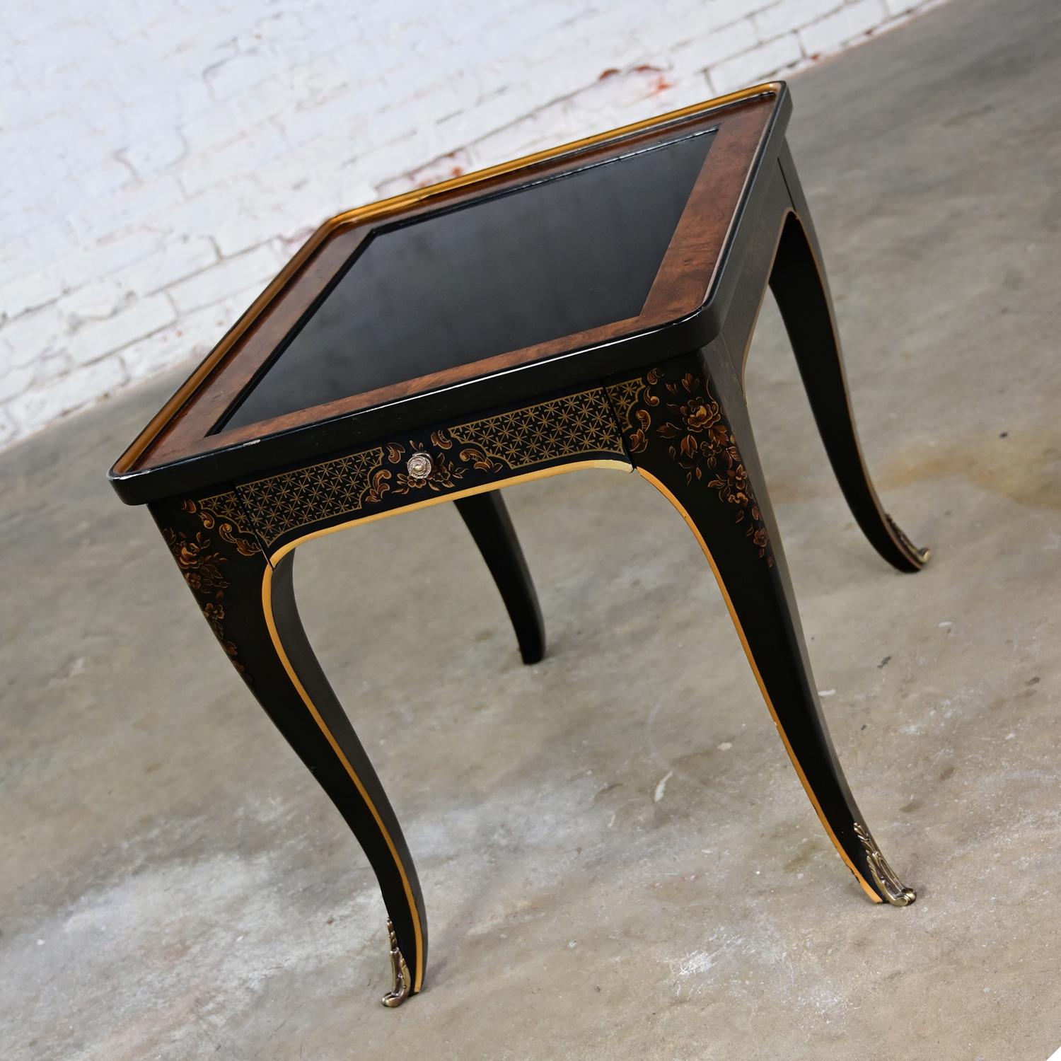 1982 Drexel Heritage ET Cetera Chinoiserie End Table Black & Burl with Ormolu For Sale 7