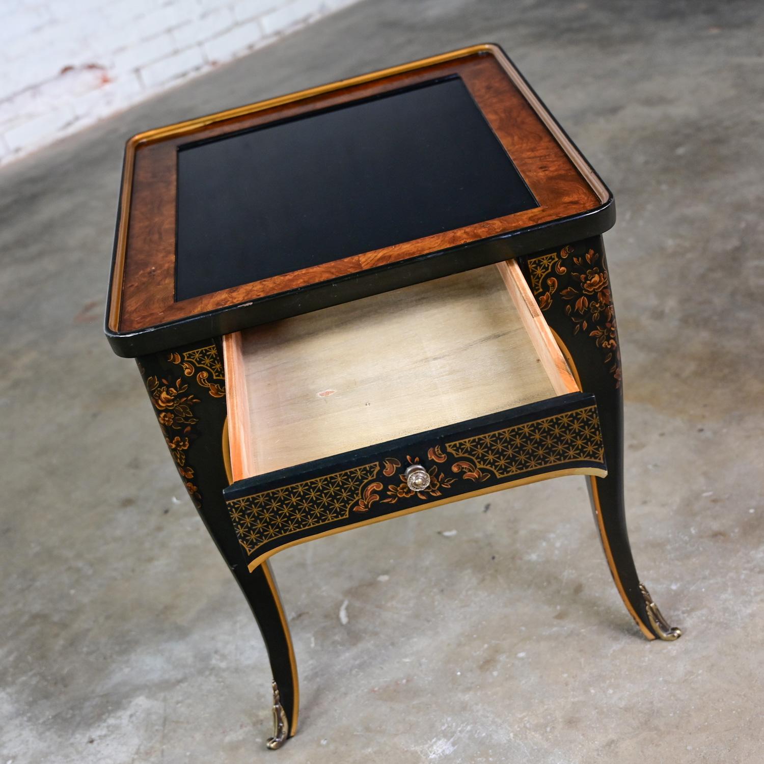 1982 Drexel Heritage ET Cetera Chinoiserie End Table Black & Burl with Ormolu For Sale 9
