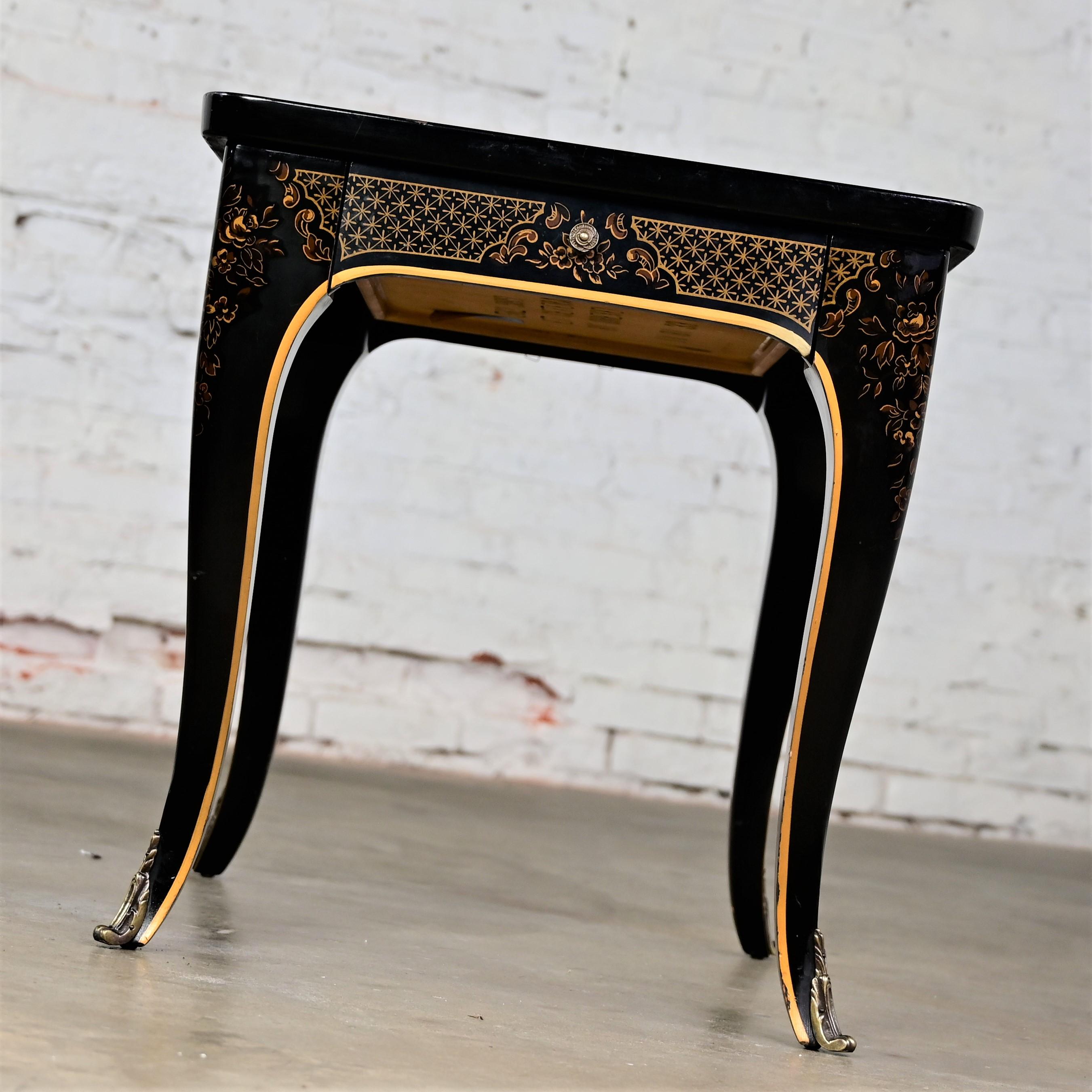 1982 Drexel Heritage ET Cetera Chinoiserie End Table Black & Burl with Ormolu For Sale 1