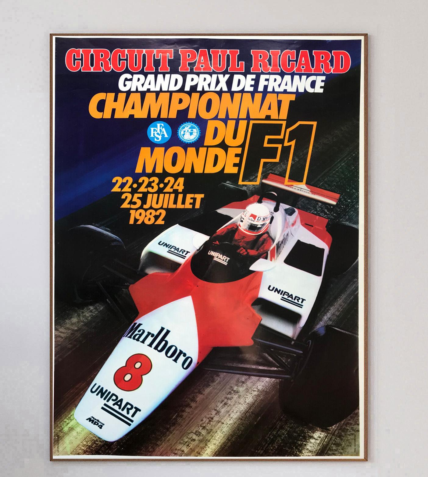 This poster is for the 1982 France Formula 1 Grand Prix, held at the Circuit Paul Ricard. 

The wonderful design shows the legendary Niki Lauda driving in the McLaren, whilst Rene Arnoux won the race driving for Renault. 