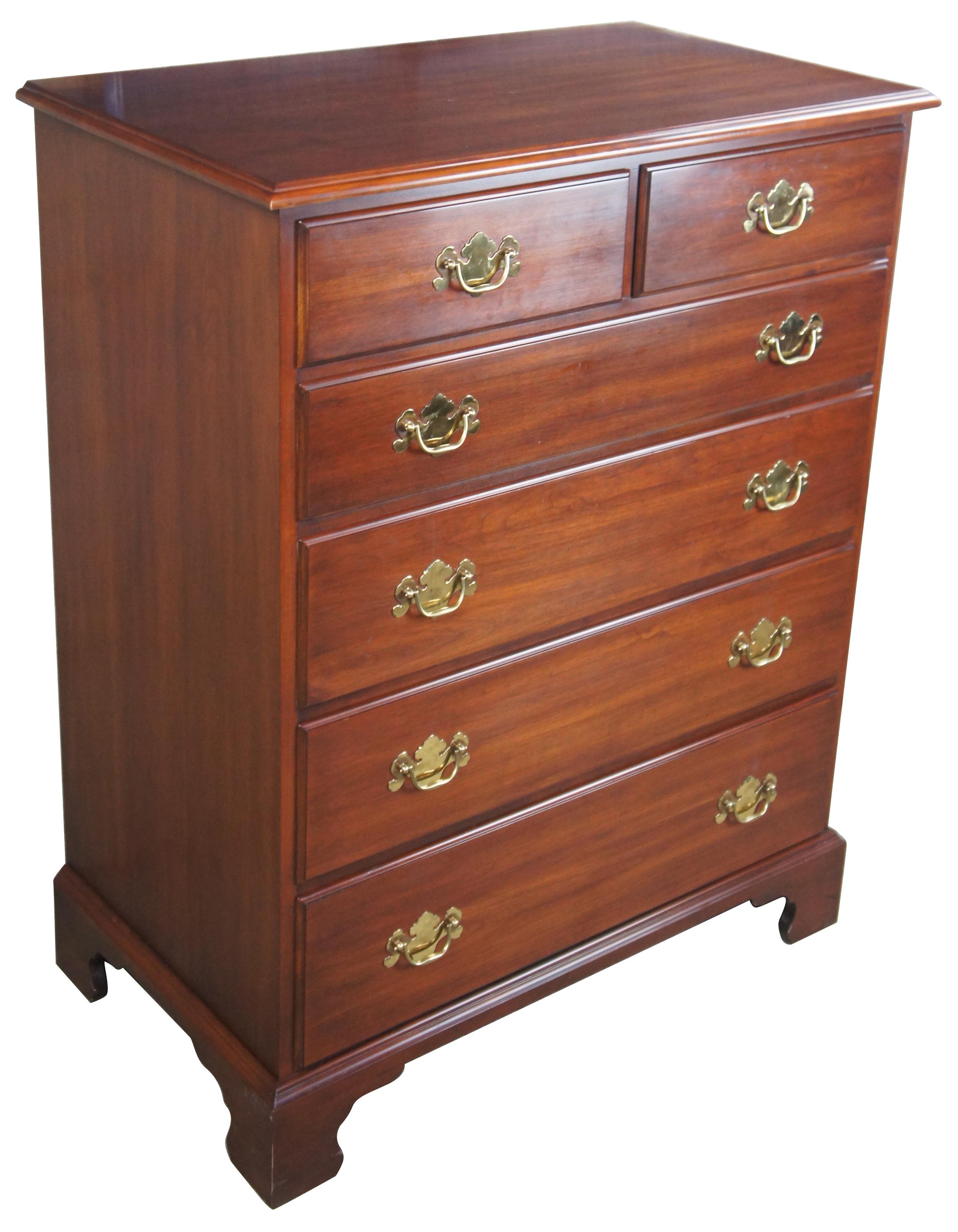 1982 Henkel Harris wild black cherry Chippendale tallboy dresser chest drawers

Henkel Harris wild black cherry two over four-drawer dresser, circa 1892. Chippendale style with brass hardware and block feet. Finish #24, style #115, from shop