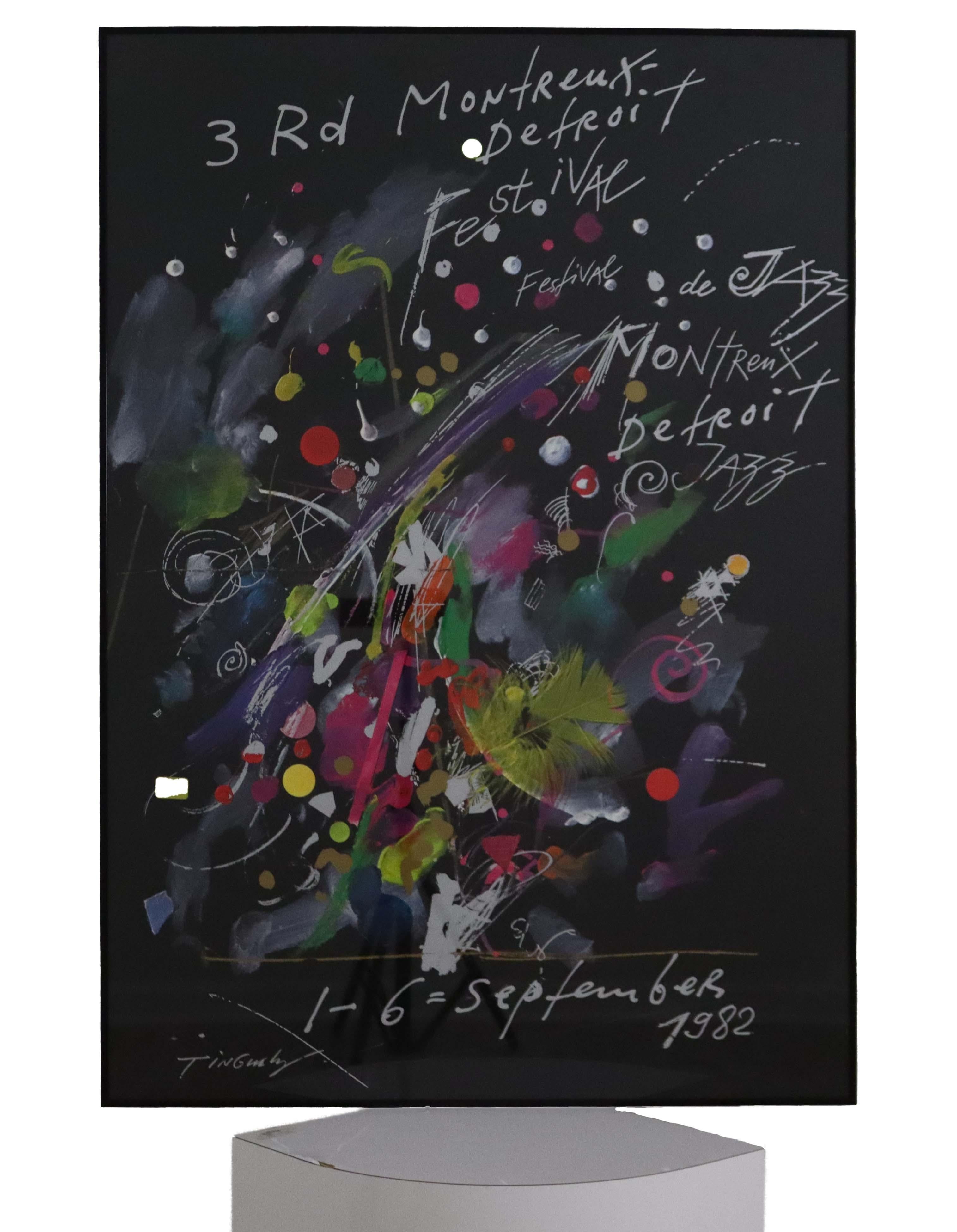 A bright and bold vintage music poster for the 1982 Montreux Detroit Jazz Festival, featuring the art of Jean Tinguely, and with hand-embellished details. Dimensions: 39.75 H x 22.75 W (framed). In excellent vintage condition.
   