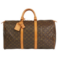 1982 Louis Vuitton Brown Monogram Coated Canvas & Vachetta Vintage Keepall 50