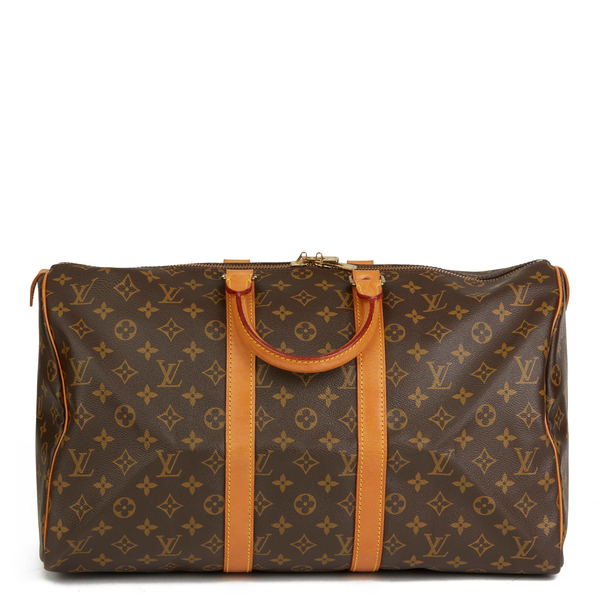 Black 1982 Louis Vuitton Brown Monogram Coated Canvas & Vachetta Vintage Keepall 45