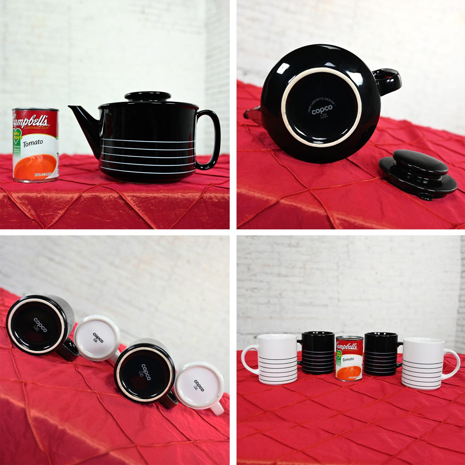 1982 Modern Copco Black & White Glazed Ceramic Teapot & 4 Mugs by Sam Lebowitz  For Sale 12