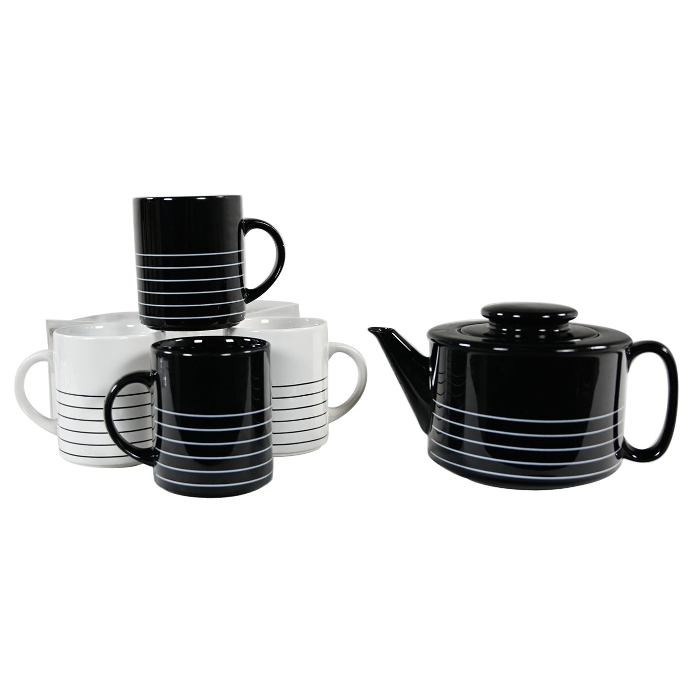 1982 Modern Copco Black & White Glazed Ceramic Teapot & 4 Mugs by Sam Lebowitz