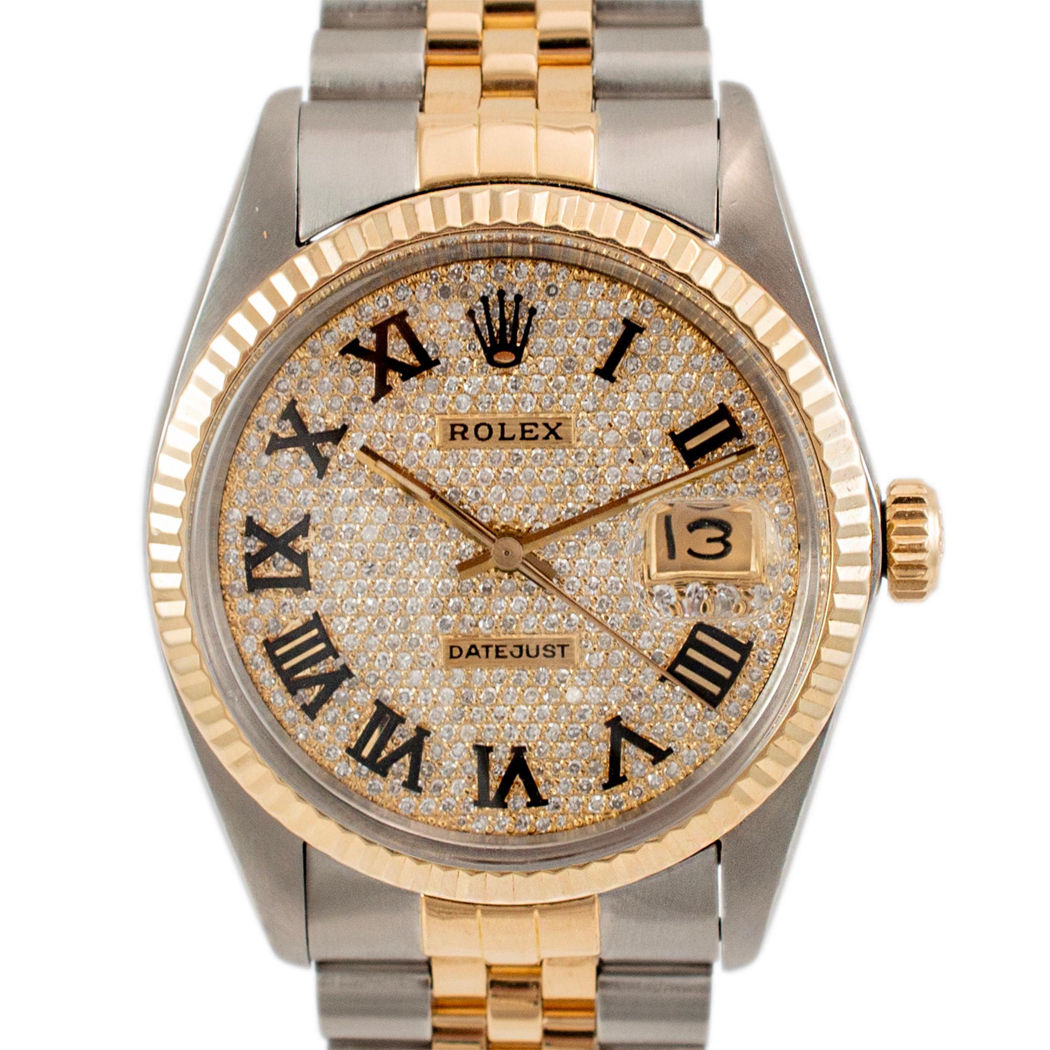 Marke: Rolex

Geschlecht: Unisex

Metall Typ: 18K Gelbgold & Edelstahl

Durchmesser: 36,00 mm

Gewicht: 90,83 Gramm

18K Gelbgold und Edelstahl Diamant ROLEX Swiss made Uhr. Die Metalle wurden getestet und als 18-karätiges Gelbgold und rostfreier
