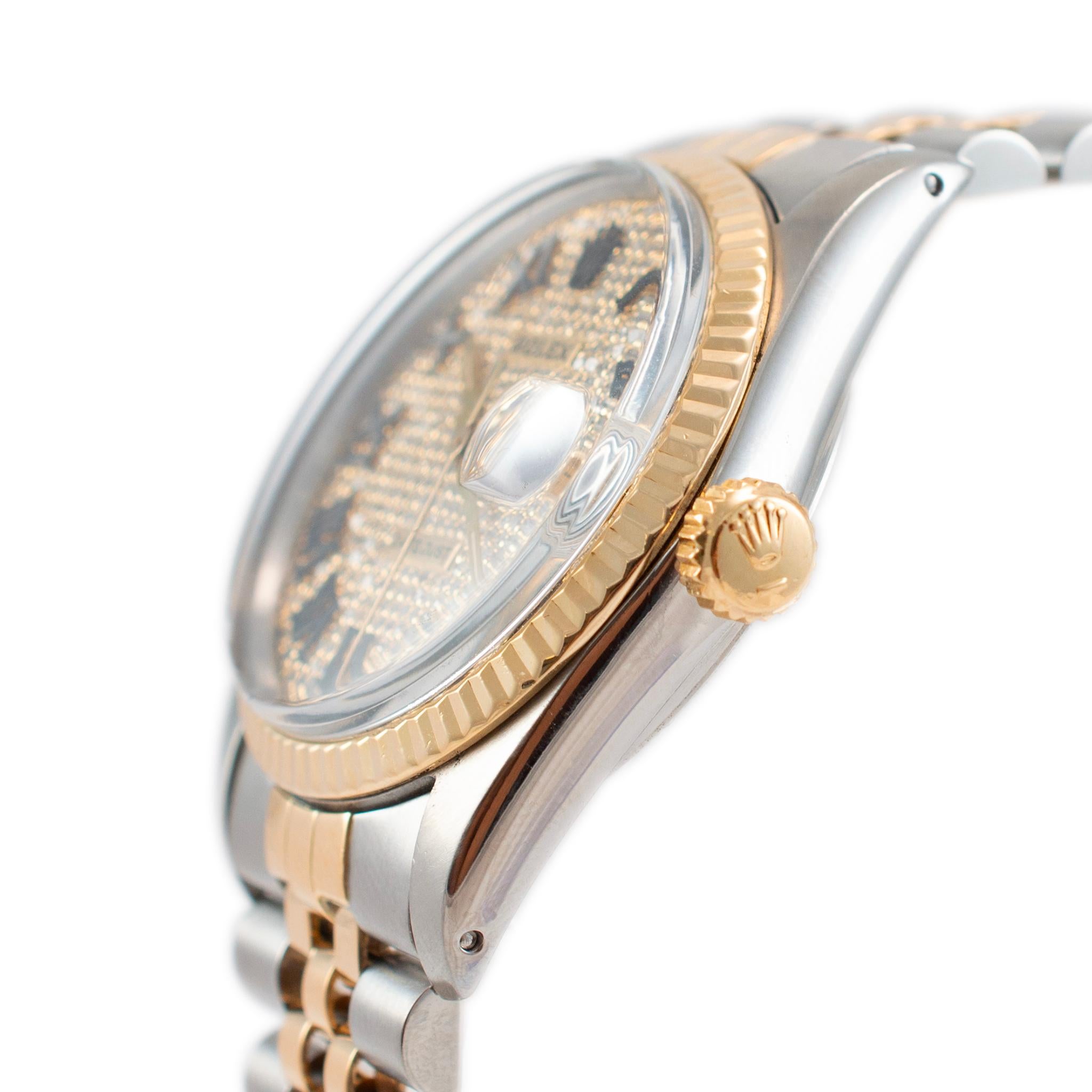 1982 Rolex Datejust 36MM 16013 Jubiläums-Armbanduhr aus Gelbgold mit Diamant-Zifferblatt und Zifferblatt aus Gelbgold (Rundschliff)