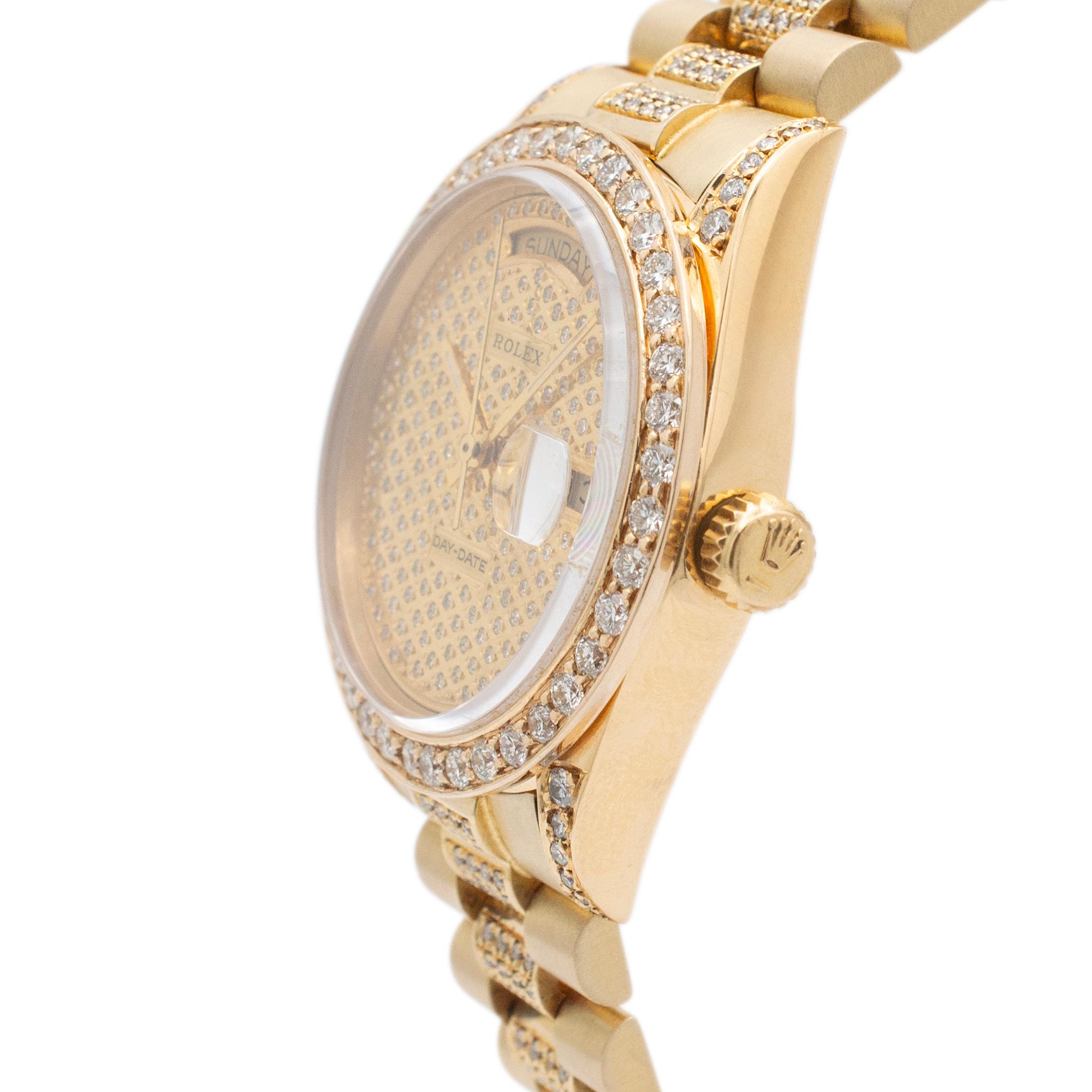 1982 Rolex Day Date 36MM 18038 President Custom Diamond 18K Gelbgold Uhr (Rundschliff)