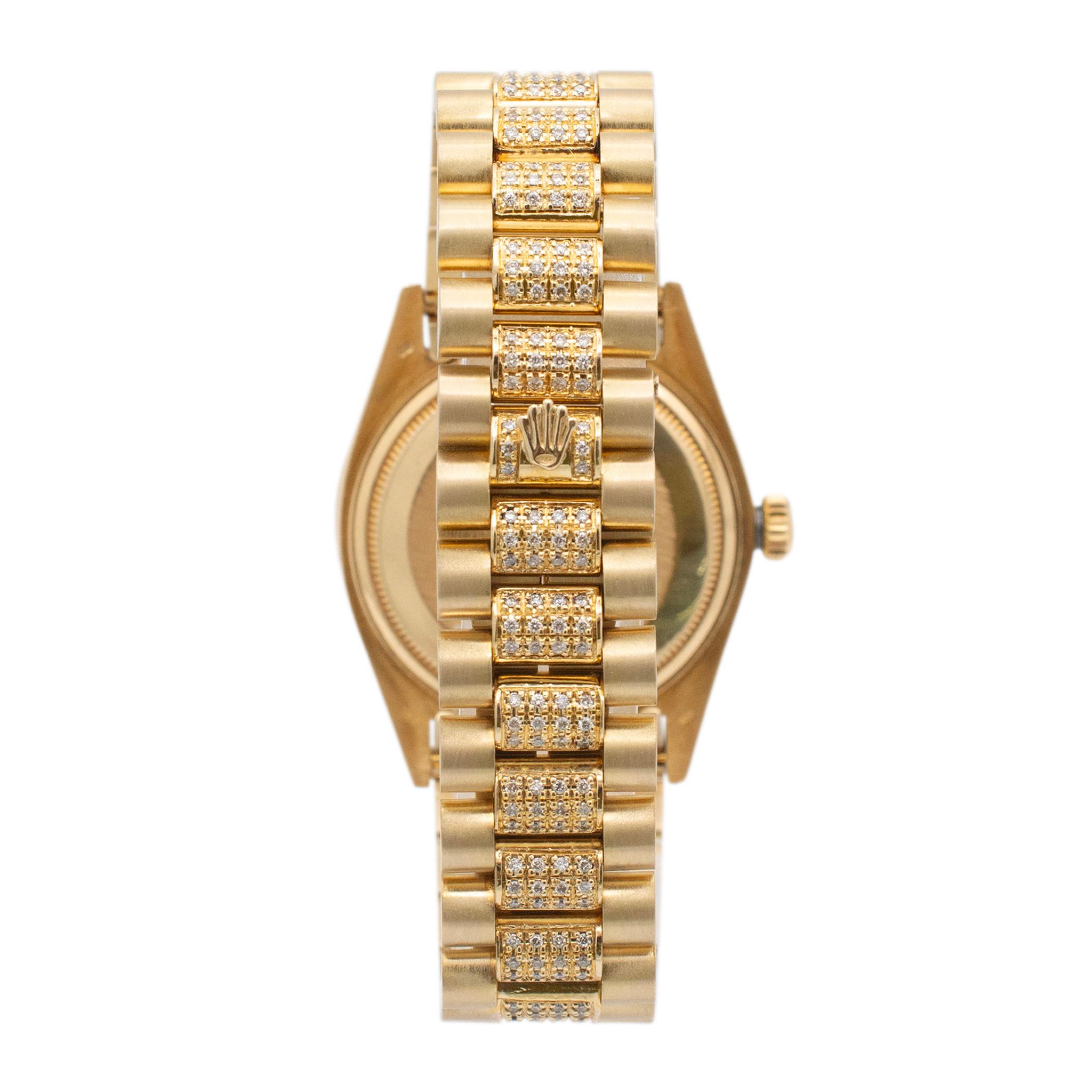 1982 Rolex Day Date 36MM 18038 President Custom Diamond 18K Gelbgold Uhr im Zustand „Hervorragend“ in Houston, TX