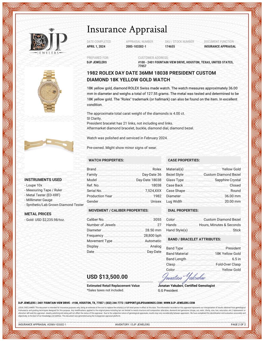 1982 Rolex Day Date 36MM 18038 President Custom Diamond 18K Gelbgold Uhr 4