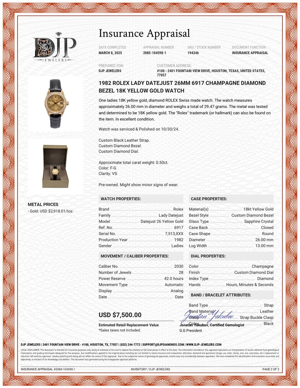 1982 Rolex Lady Datejust 26MM 6917 Champagne Diamond Bezel 18K Yellow Gold Watch For Sale 4