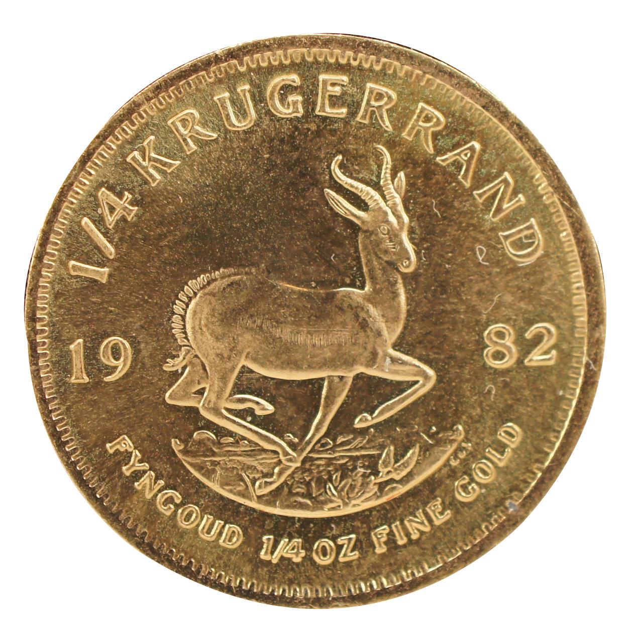 Vintage 1982 South African ¼ oz fine gold coin. The obverse shows a portrait of Paul Kruger, president of the old South African Republic; the reverse shows a Springbok Antelope Stag, one of South Africa's national symbols.

8.47 g.