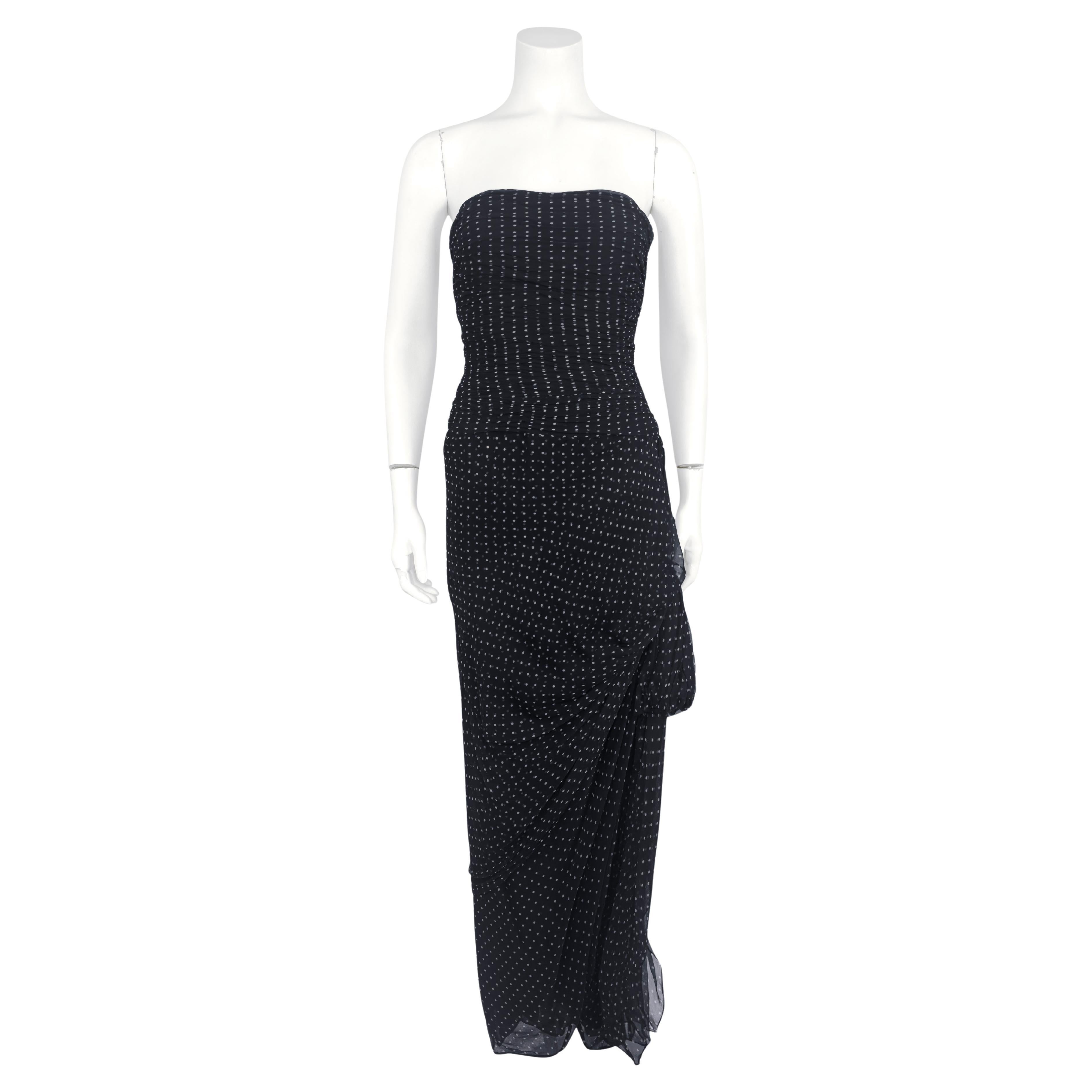 1982 Summer RTW Oscar de la Renta Black and Cream Polka Dot Gown For Sale