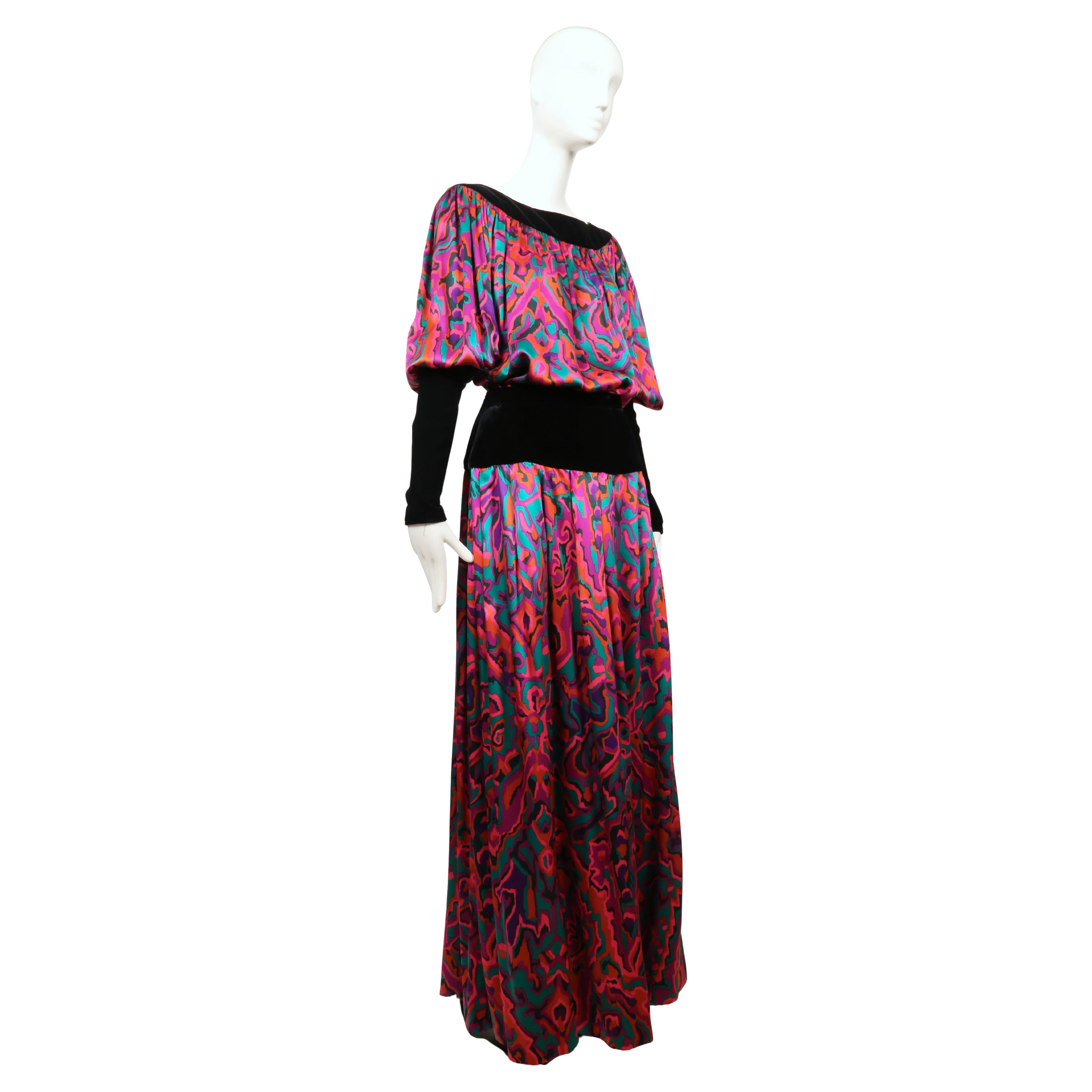 Black 1982 YVES SAINT LAURENT abstract printed silk RUNWAY top and skirt For Sale