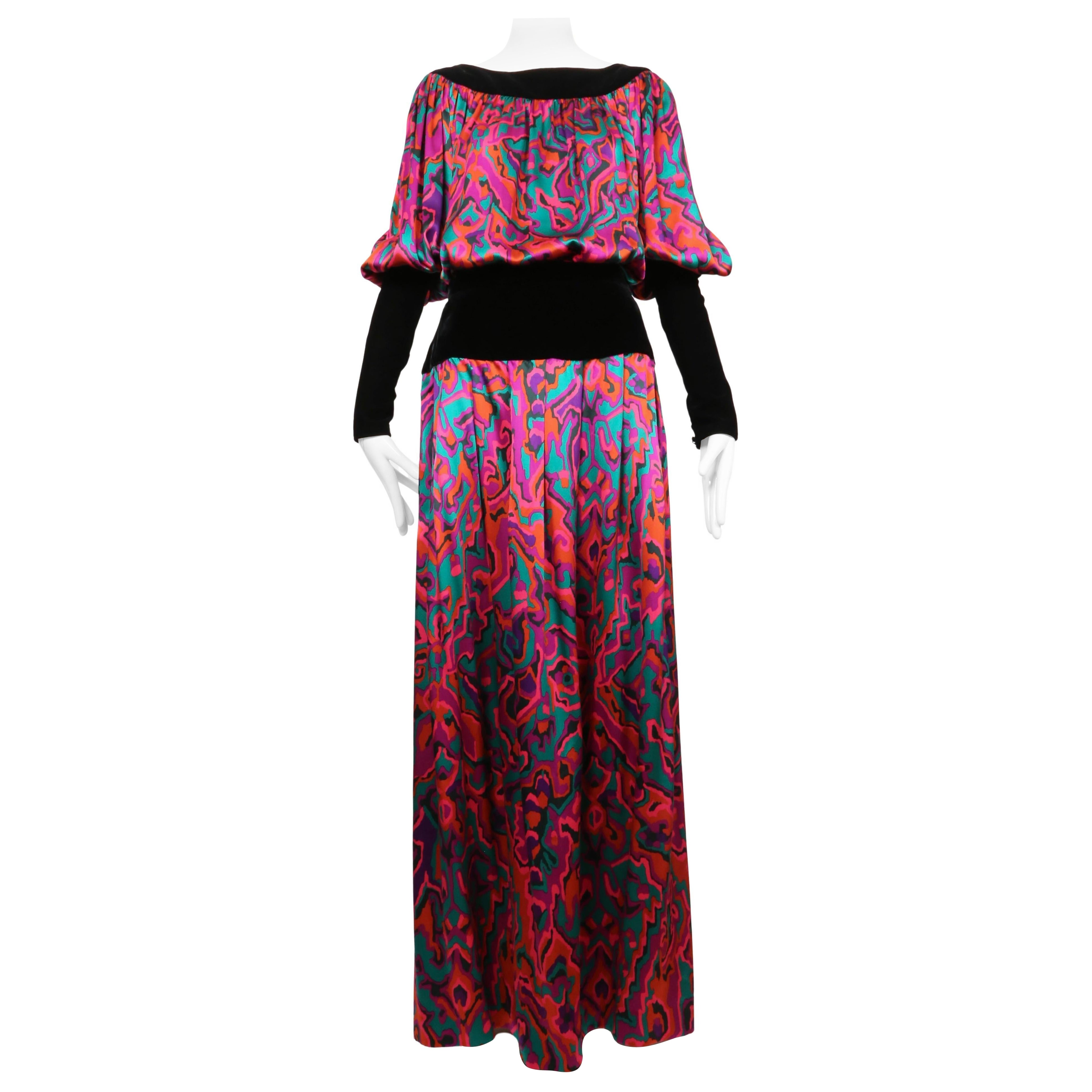 1982 YVES SAINT LAURENT abstract printed silk RUNWAY top and skirt For Sale