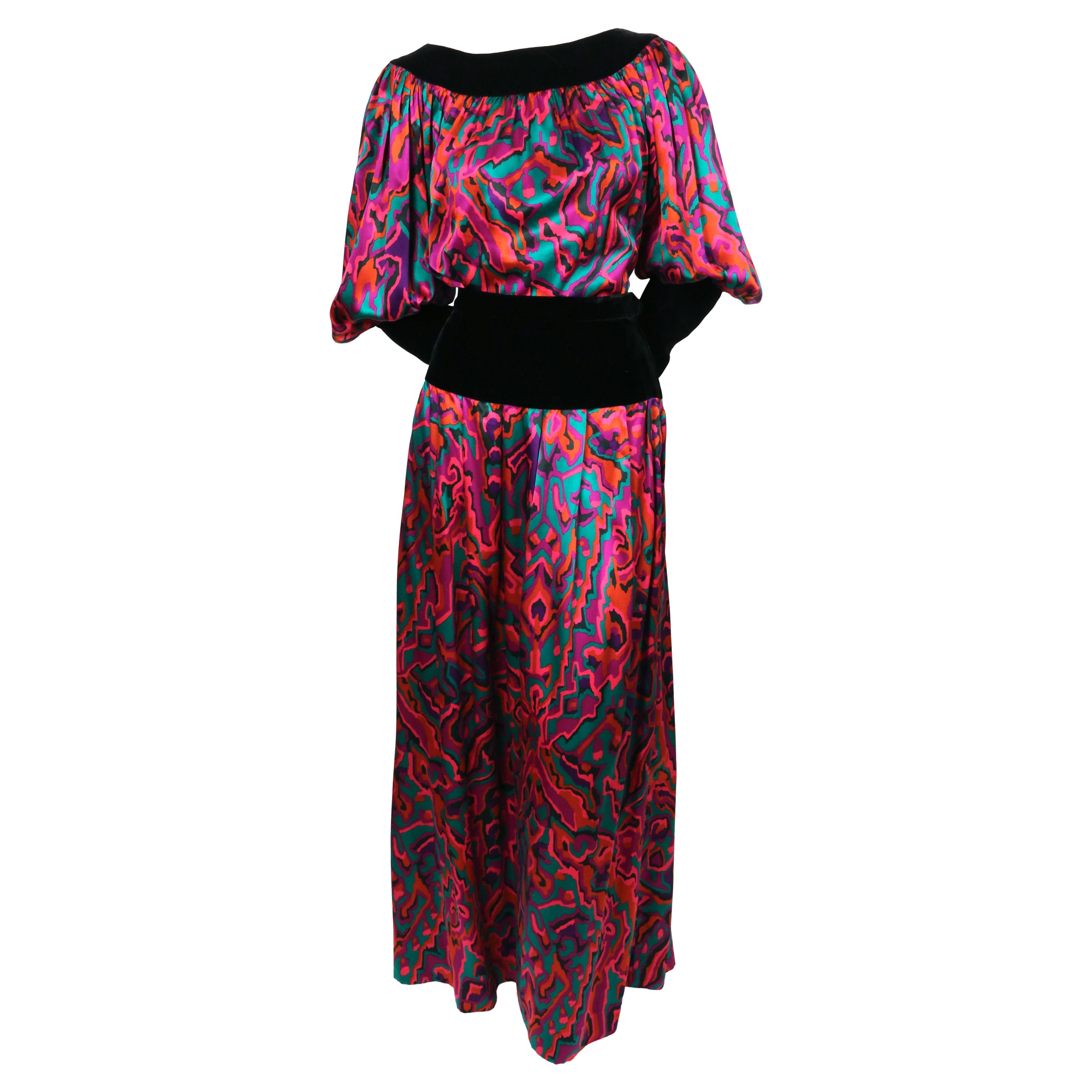 1982 YVES SAINT LAURENT abstract printed silk RUNWAY top and skirt For Sale