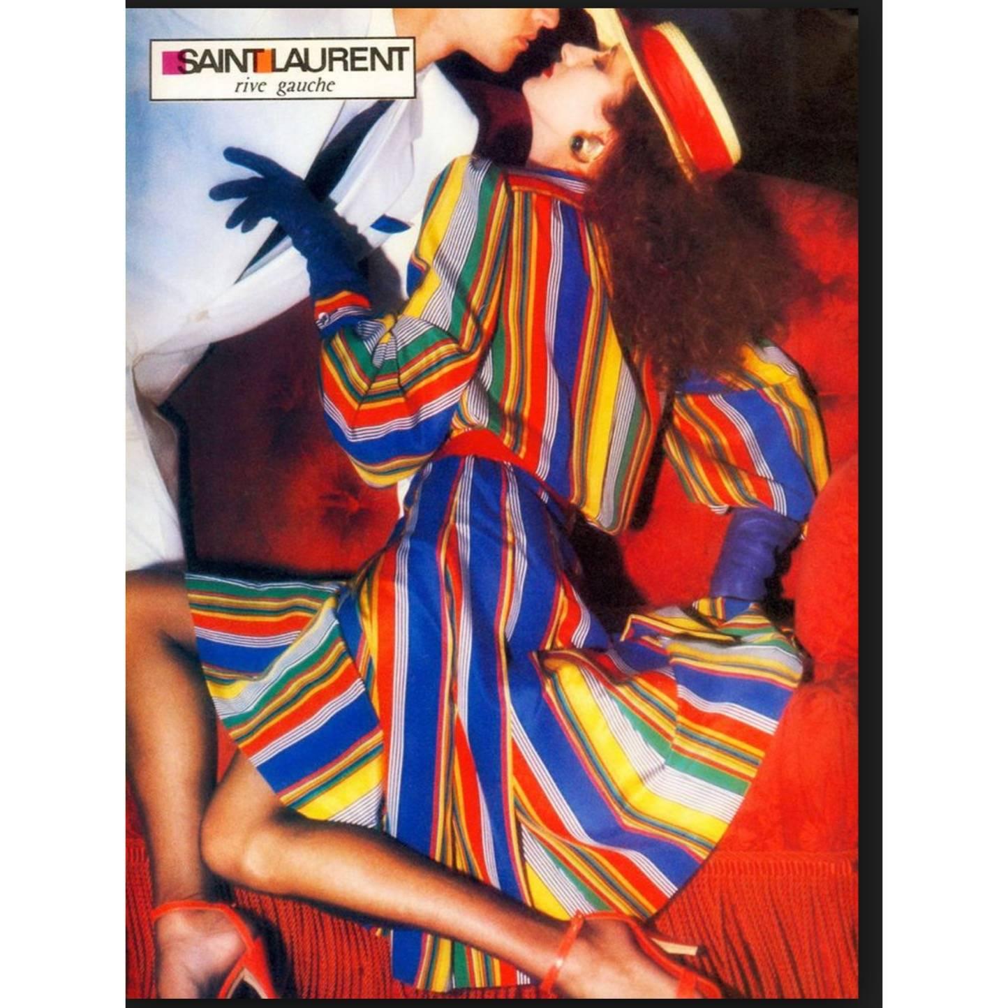 Mehrfarbig gestreiftes Seidenkleid von Yves Saint Laurent, dokumentiert YSL, 1982 im Angebot 6