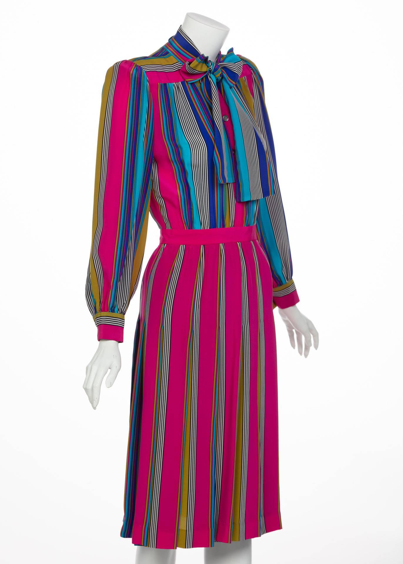 1982 Yves Saint Laurent Multicolored Striped Silk Dress Documented YSL In Excellent Condition For Sale In Boca Raton, FL