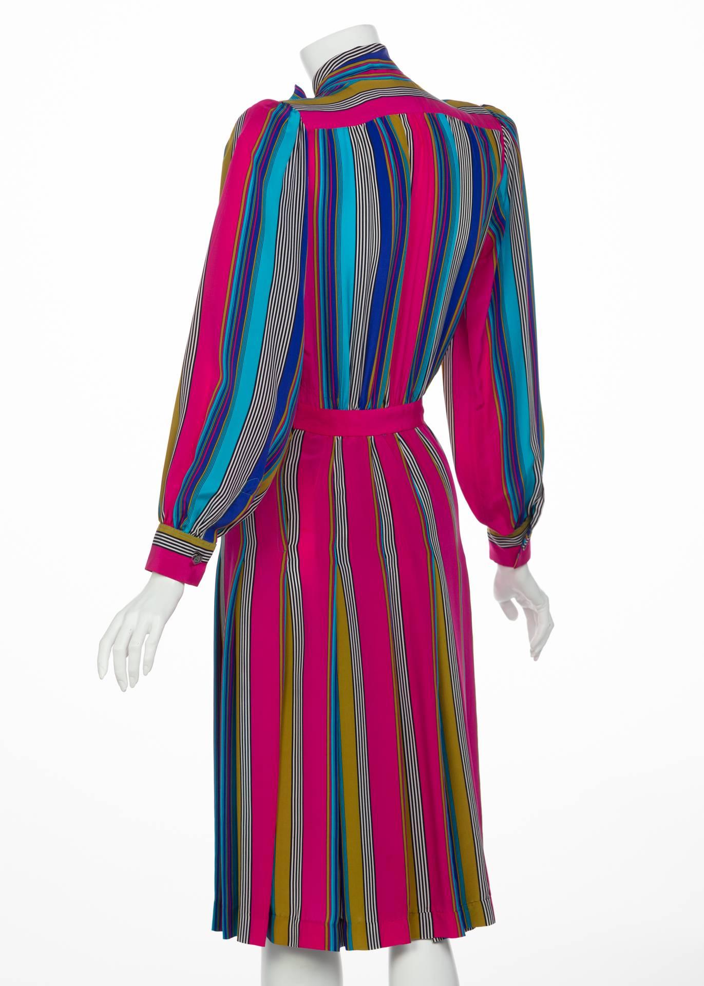 Women's 1982 Yves Saint Laurent Multicolored Striped Silk Dress Documented YSL For Sale