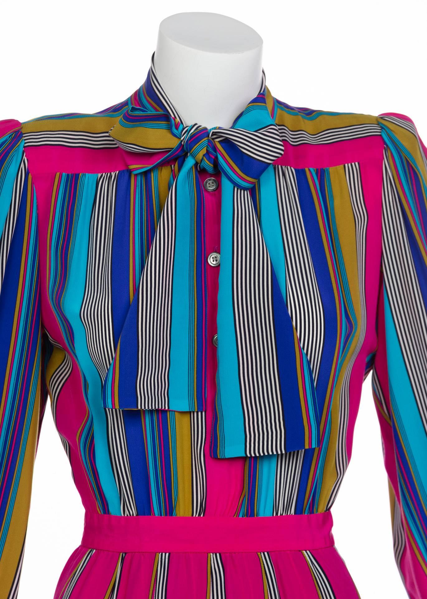 Pink 1982 Yves Saint Laurent Multicolored Striped Silk Dress Documented YSL