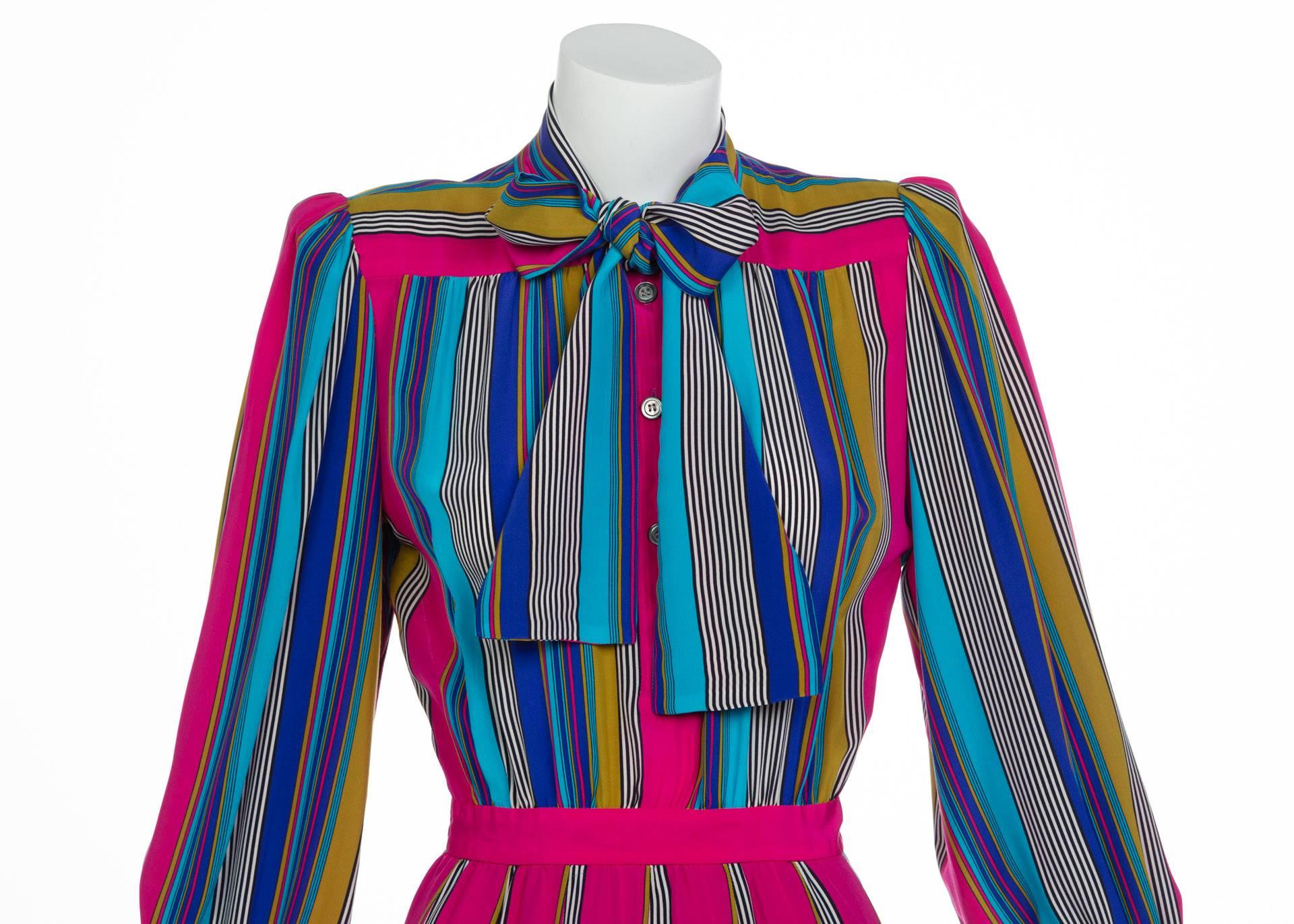 1982 Yves Saint Laurent Multicolored Striped Silk Dress Documented YSL In Excellent Condition In Boca Raton, FL