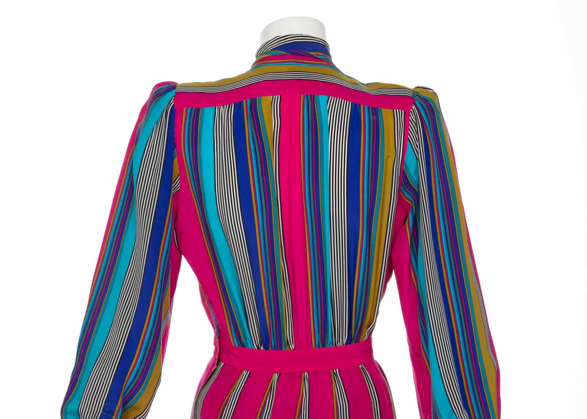 Women's 1982 Yves Saint Laurent Multicolored Striped Silk Dress Documented YSL