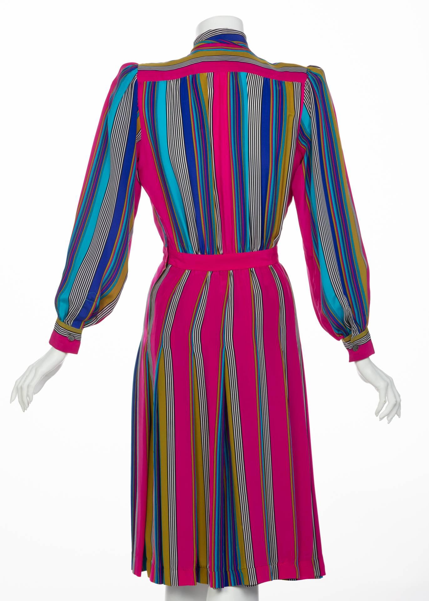 1982 Yves Saint Laurent Multicolored Striped Silk Dress Documented YSL For Sale 4