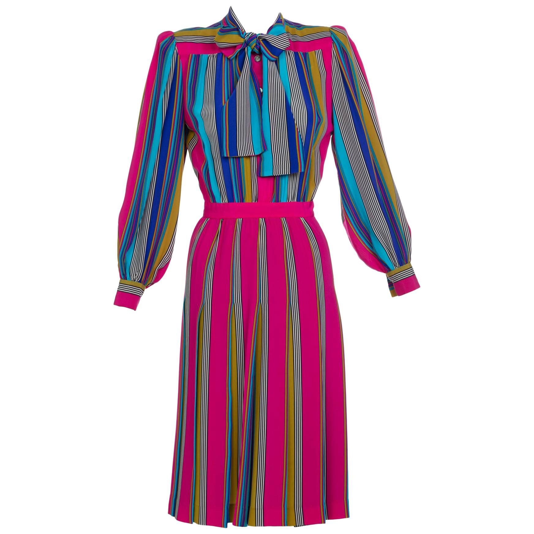 1982 Yves Saint Laurent Multicolored Striped Silk Dress Documented YSL For Sale