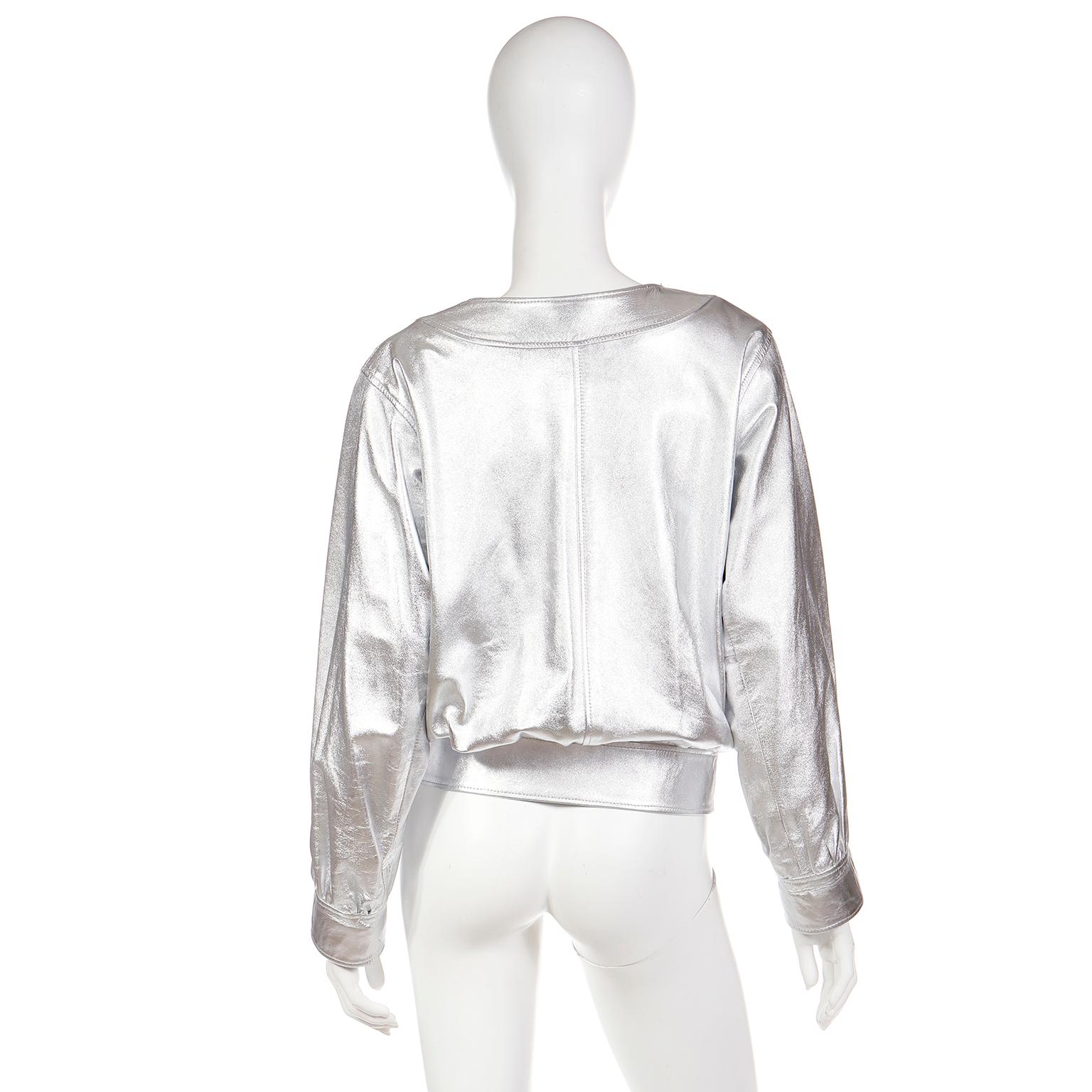 1982 Yves Saint Laurent Silver Leather Documented Runway Jacket For Sale 1
