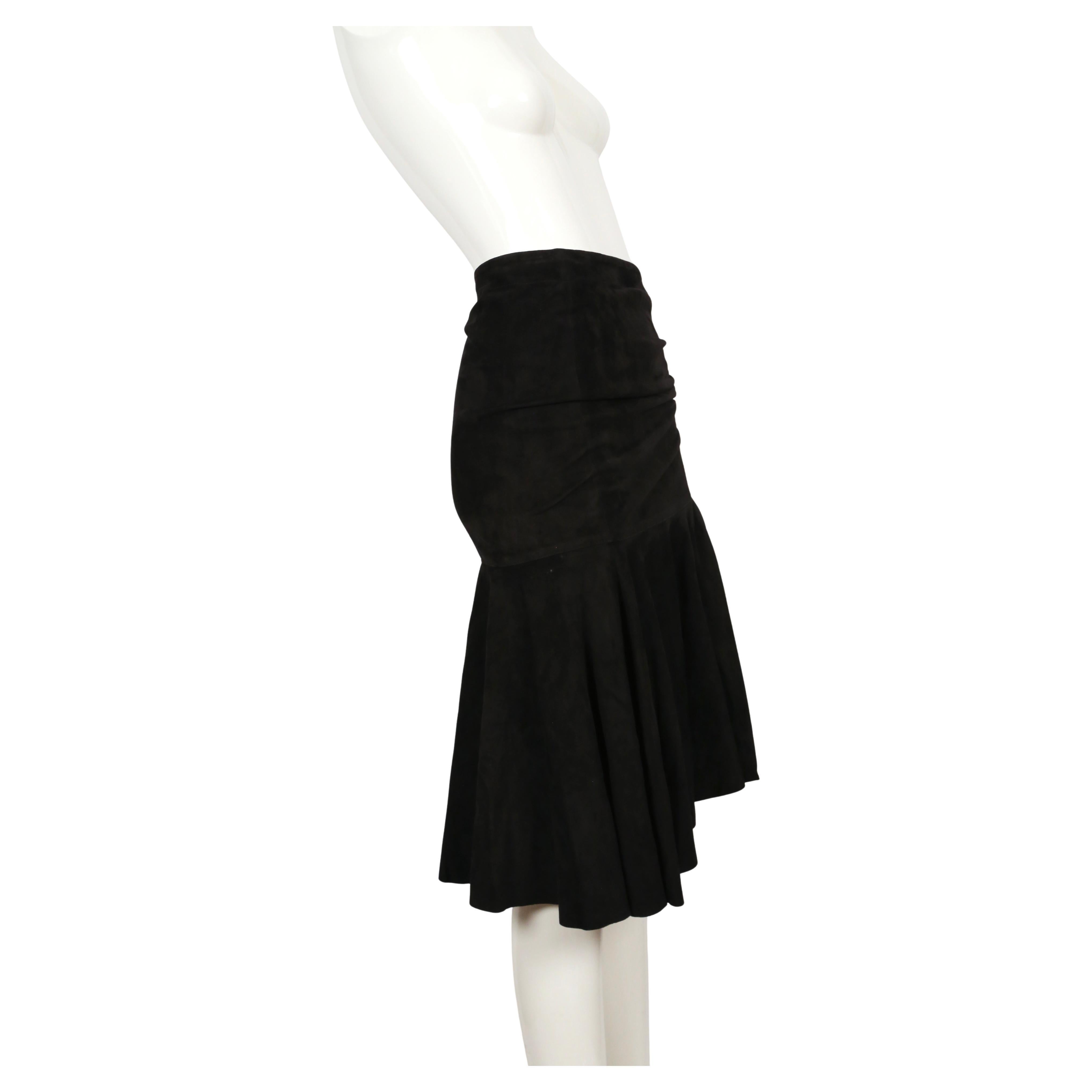 Women's or Men's 1983 AZZEDINE ALAIA black suede skirt with ruching For Sale