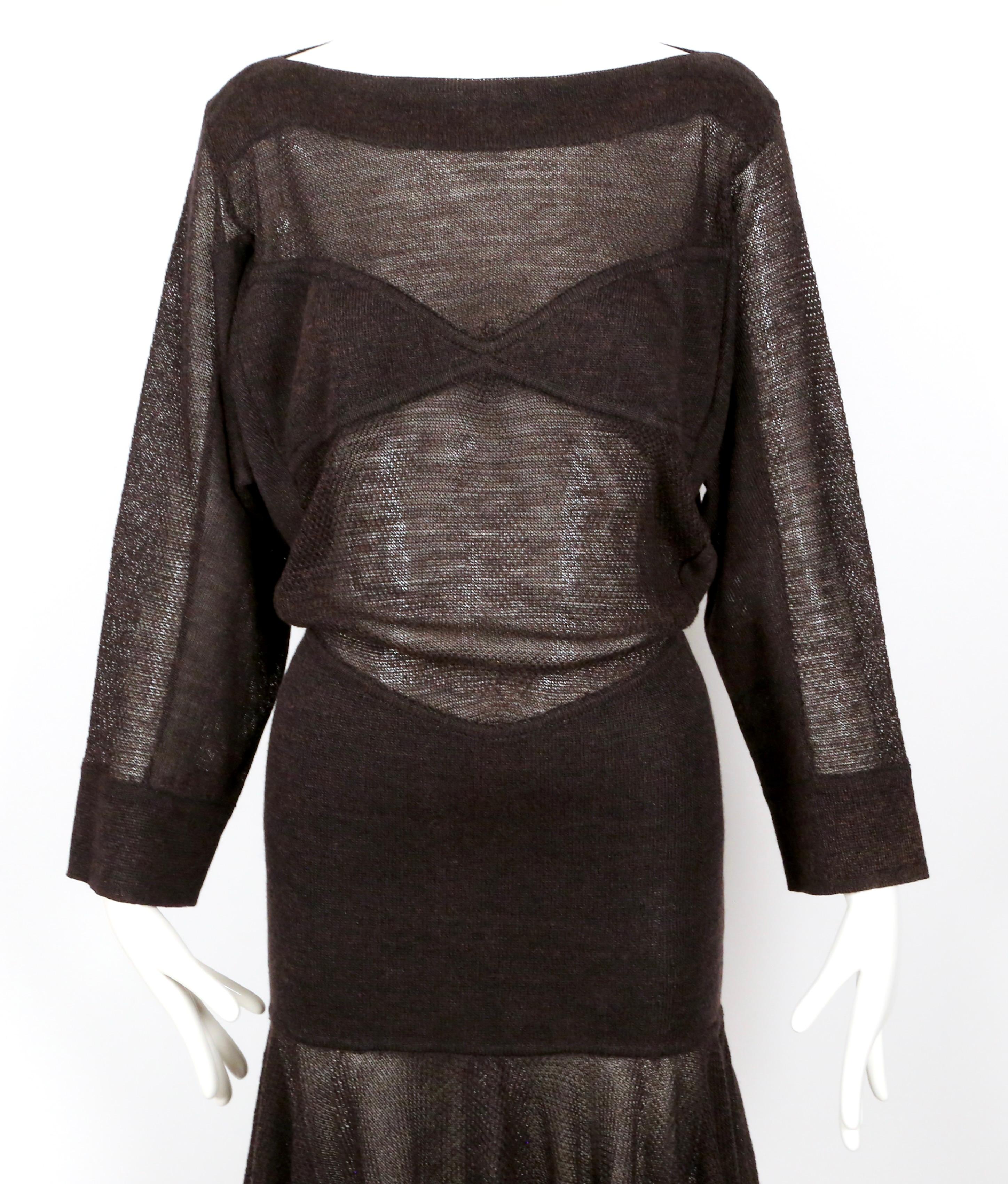 1983 AZZEDINE ALAIA, abito in maglia semitrasparente marrone intenso con illusione in vendita 8