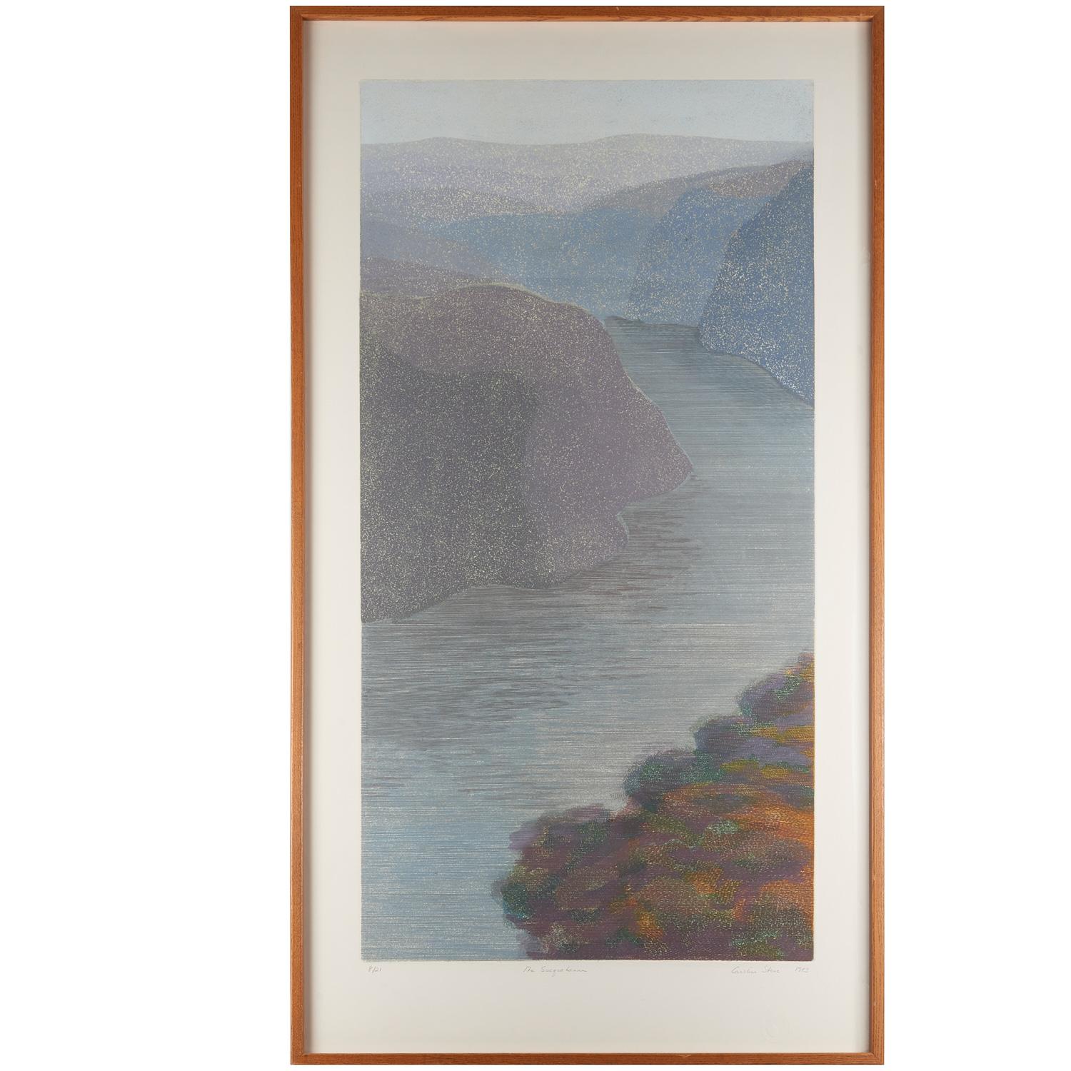 1983, Caroline Stone „The Susquehanna“, Radierung auf Papier, signiert und nummeriert (Glas) im Angebot